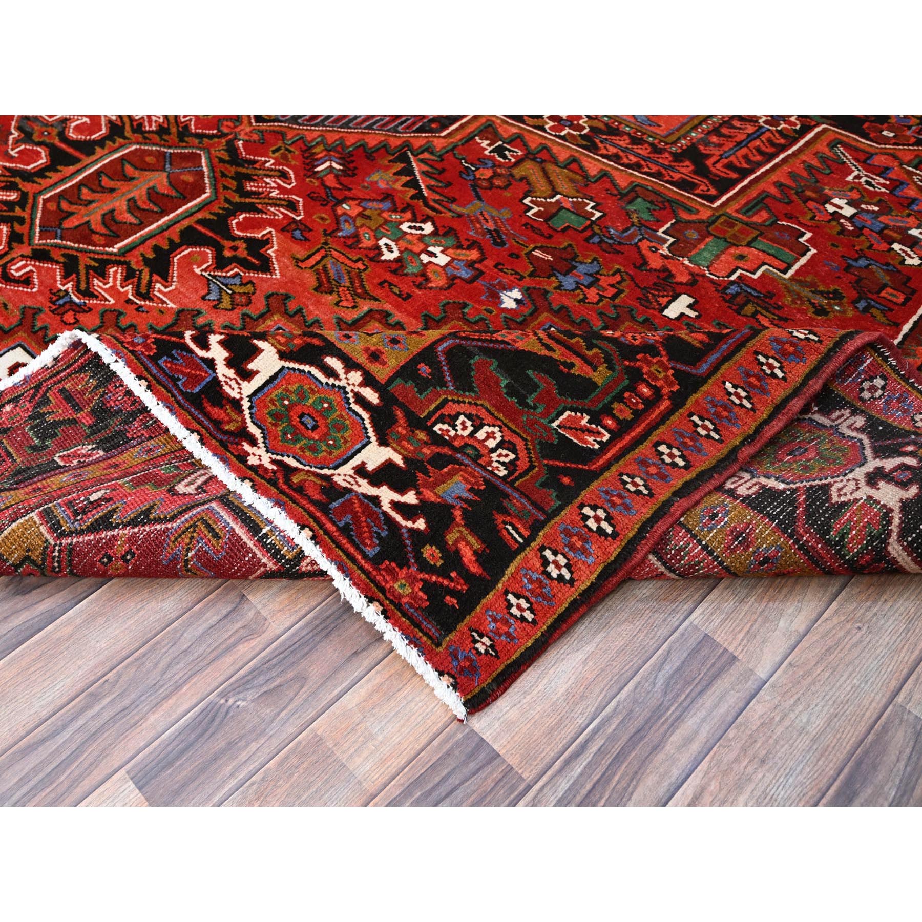 10'x12'9" Crimson Red With Asphalt Black Border, Large Colorful Centre Geometric Pattern, Secured And Cleaned, Hand Knotted, Great Condition, Pure And Soft Wool, Sheared Low, Semi Antique Persian Heriz Oriental Rug Sh117