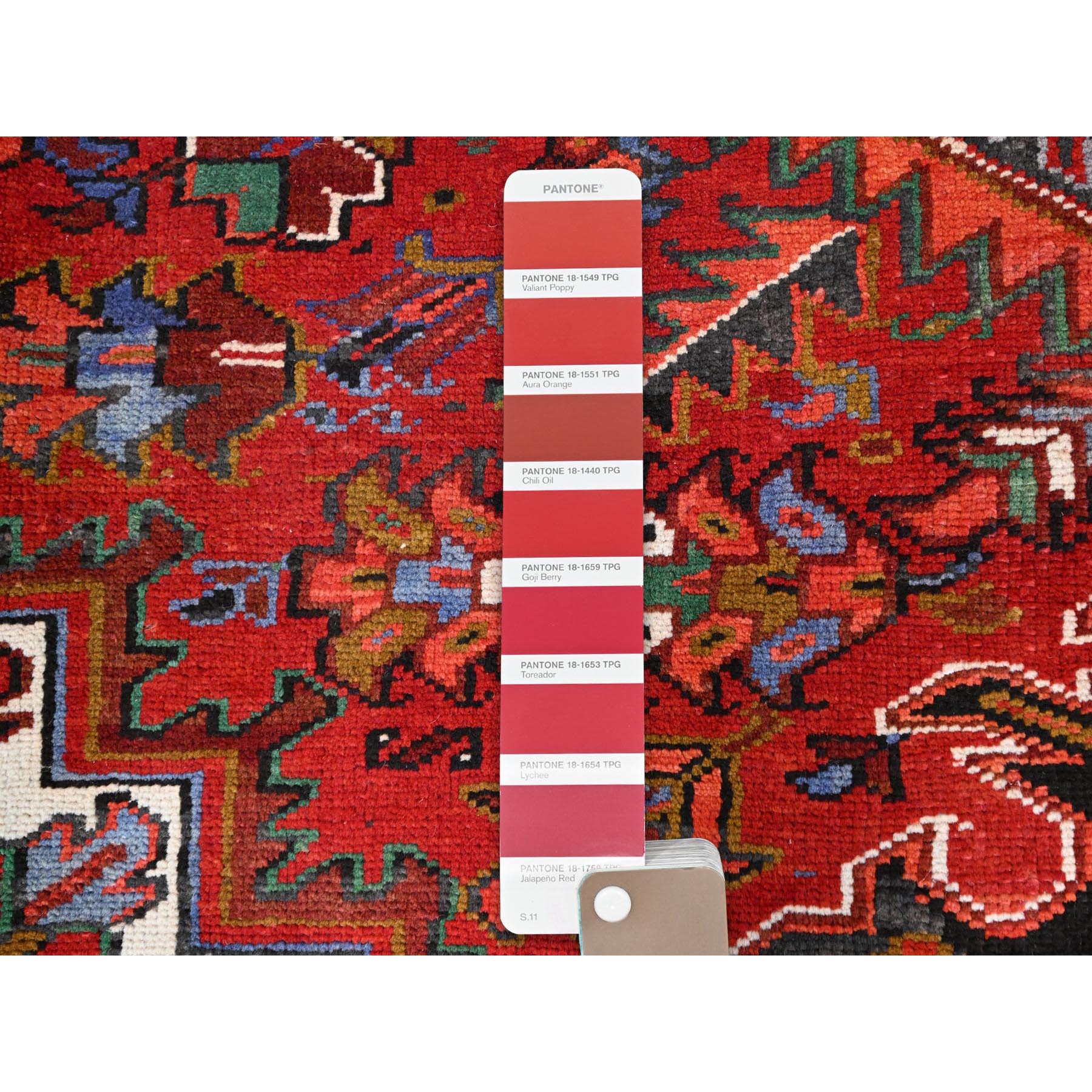 10'x12'9" Crimson Red With Asphalt Black Border, Large Colorful Centre Geometric Pattern, Secured And Cleaned, Hand Knotted, Great Condition, Pure And Soft Wool, Sheared Low, Semi Antique Persian Heriz Oriental Rug Sh117