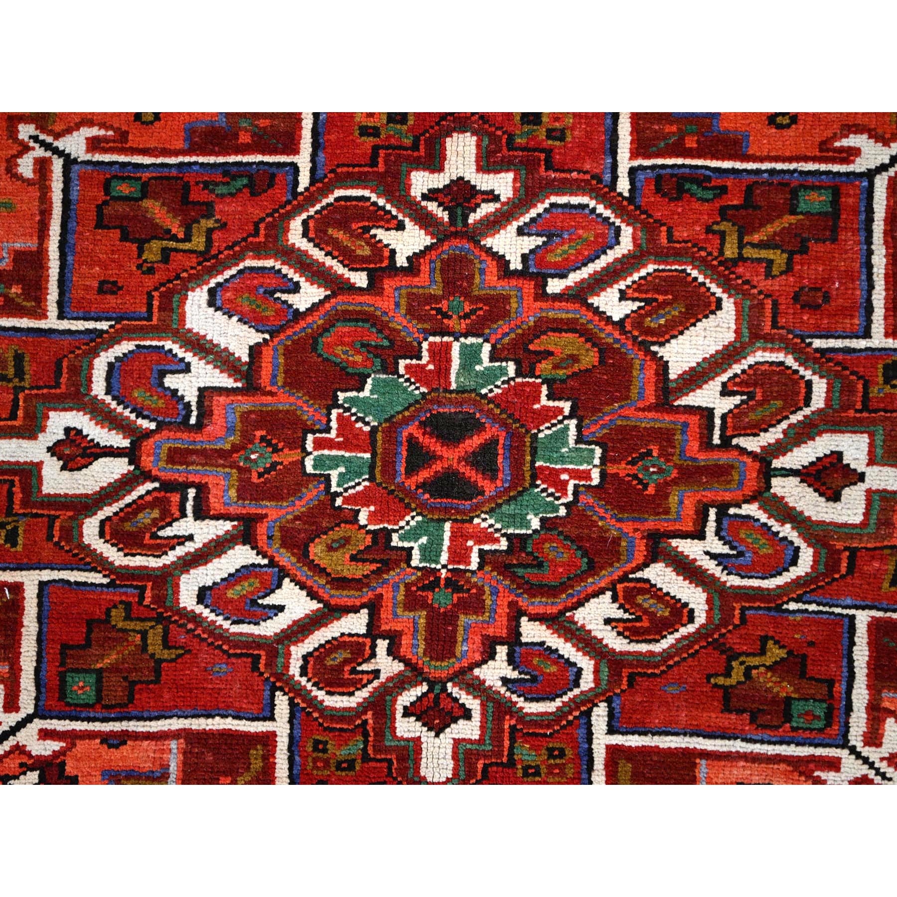 10'x12'9" Crimson Red With Asphalt Black Border, Large Colorful Centre Geometric Pattern, Secured And Cleaned, Hand Knotted, Great Condition, Pure And Soft Wool, Sheared Low, Semi Antique Persian Heriz Oriental Rug Sh117