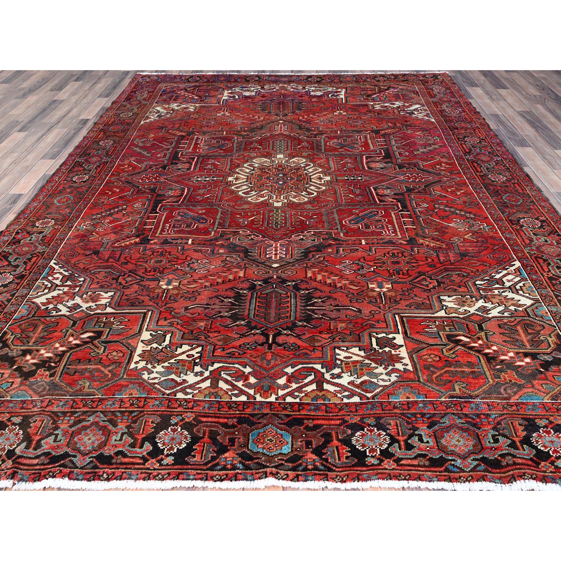 7'10"x10'7" Prismatic Legacy Red, Centre Geometric Element, Sides Secured Professionally, Cleaned, Vintage Persian Heriz, Sheared Low, Organic Wool, Good Condition, Oriental Rug Sh118