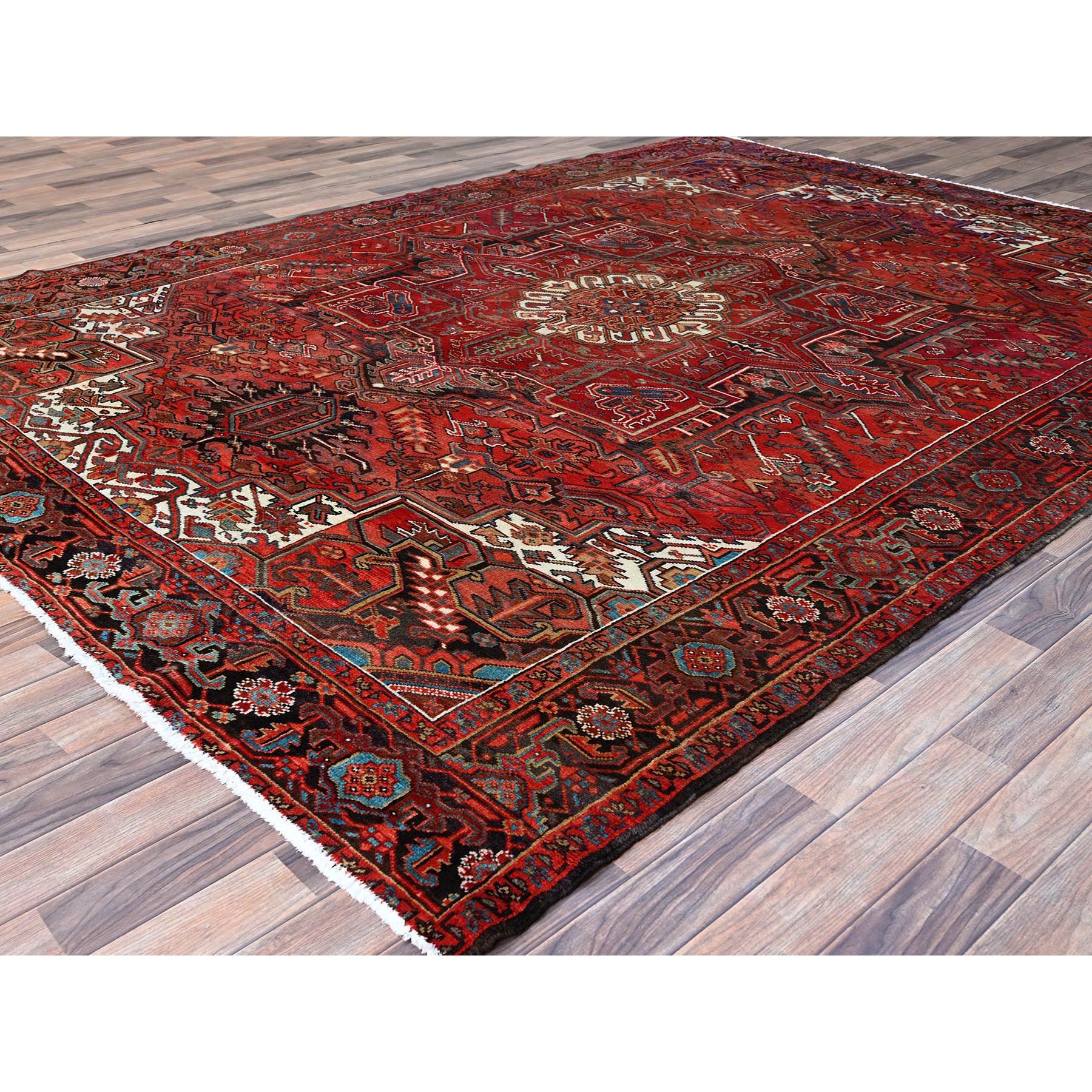 7'10"x10'7" Prismatic Legacy Red, Centre Geometric Element, Sides Secured Professionally, Cleaned, Vintage Persian Heriz, Sheared Low, Organic Wool, Good Condition, Oriental Rug Sh118
