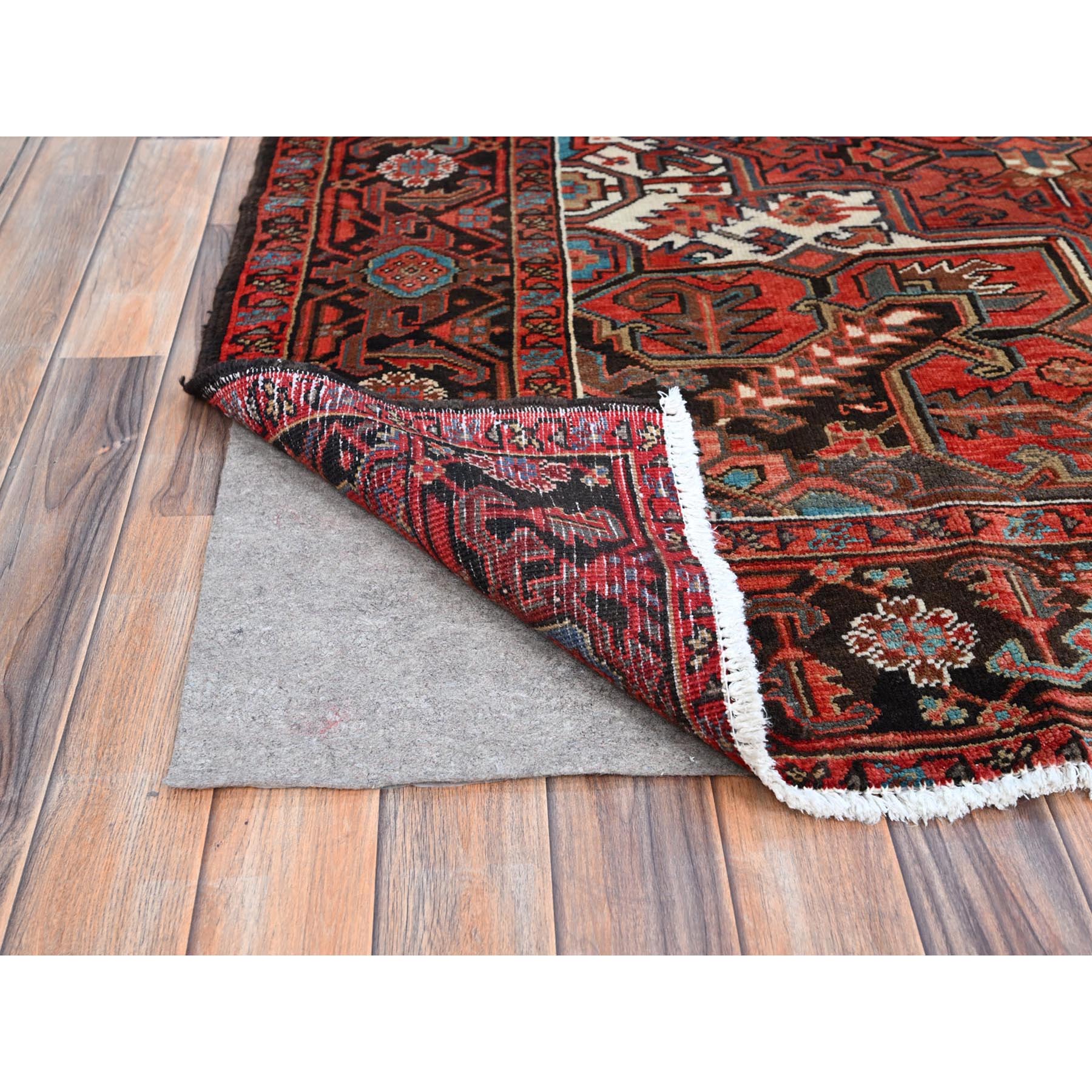 7'10"x10'7" Prismatic Legacy Red, Centre Geometric Element, Sides Secured Professionally, Cleaned, Vintage Persian Heriz, Sheared Low, Organic Wool, Good Condition, Oriental Rug Sh118