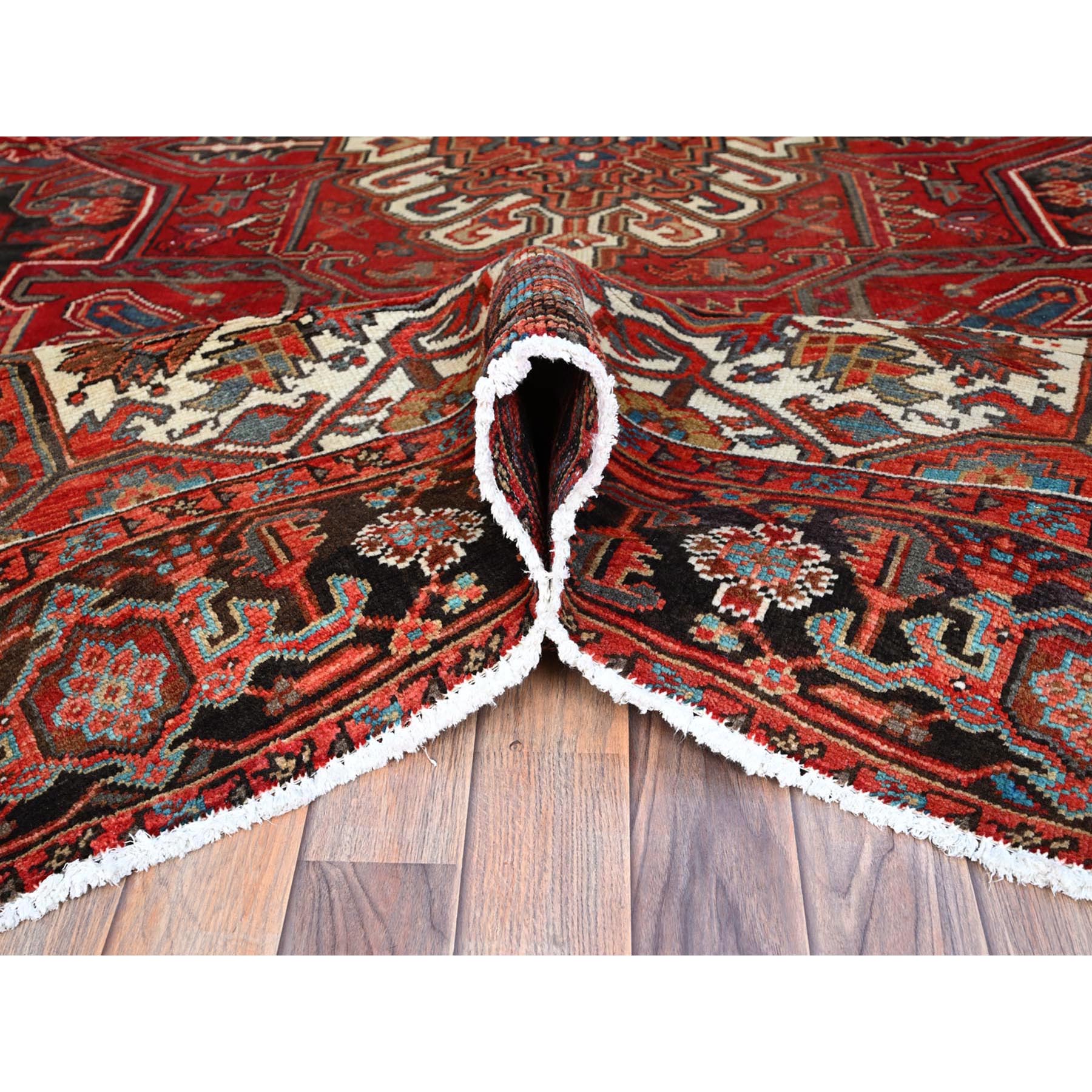 7'10"x10'7" Prismatic Legacy Red, Centre Geometric Element, Sides Secured Professionally, Cleaned, Vintage Persian Heriz, Sheared Low, Organic Wool, Good Condition, Oriental Rug Sh118