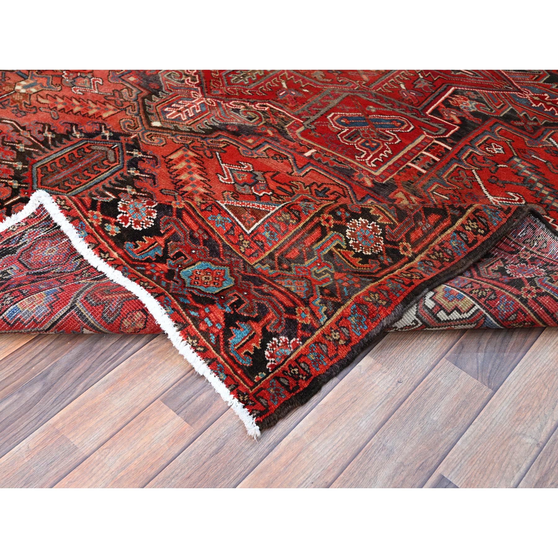 7'10"x10'7" Prismatic Legacy Red, Centre Geometric Element, Sides Secured Professionally, Cleaned, Vintage Persian Heriz, Sheared Low, Organic Wool, Good Condition, Oriental Rug Sh118