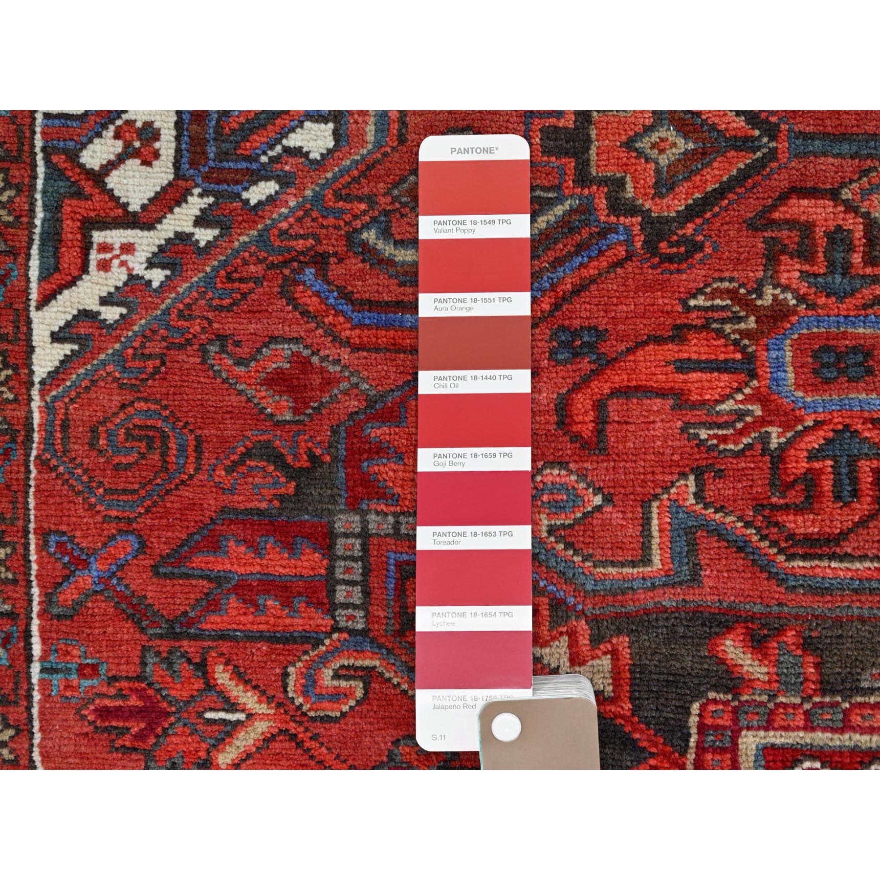 7'10"x10'7" Prismatic Legacy Red, Centre Geometric Element, Sides Secured Professionally, Cleaned, Vintage Persian Heriz, Sheared Low, Organic Wool, Good Condition, Oriental Rug Sh118