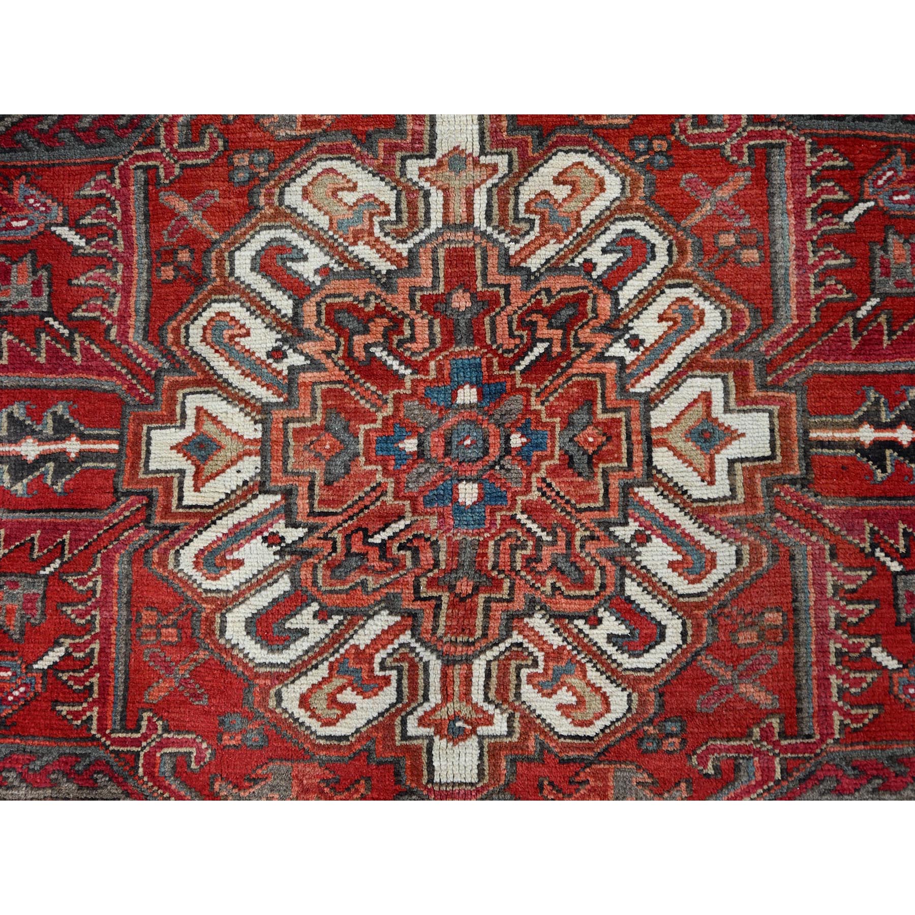 7'10"x10'7" Prismatic Legacy Red, Centre Geometric Element, Sides Secured Professionally, Cleaned, Vintage Persian Heriz, Sheared Low, Organic Wool, Good Condition, Oriental Rug Sh118