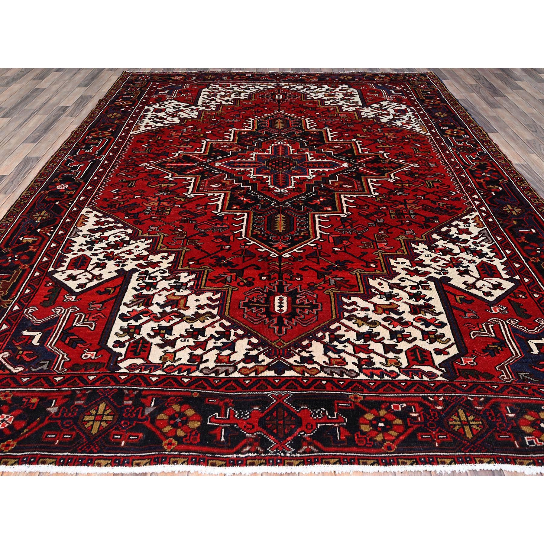8'4"x10'7" Penn Red With Snow Drift White Corners, Hand Knotted, Clean, Good Condition, Tribal Weaving, Natural Dyes, Vintage Persian Heriz With Centre Flower Element, Oriental Rug Sh158