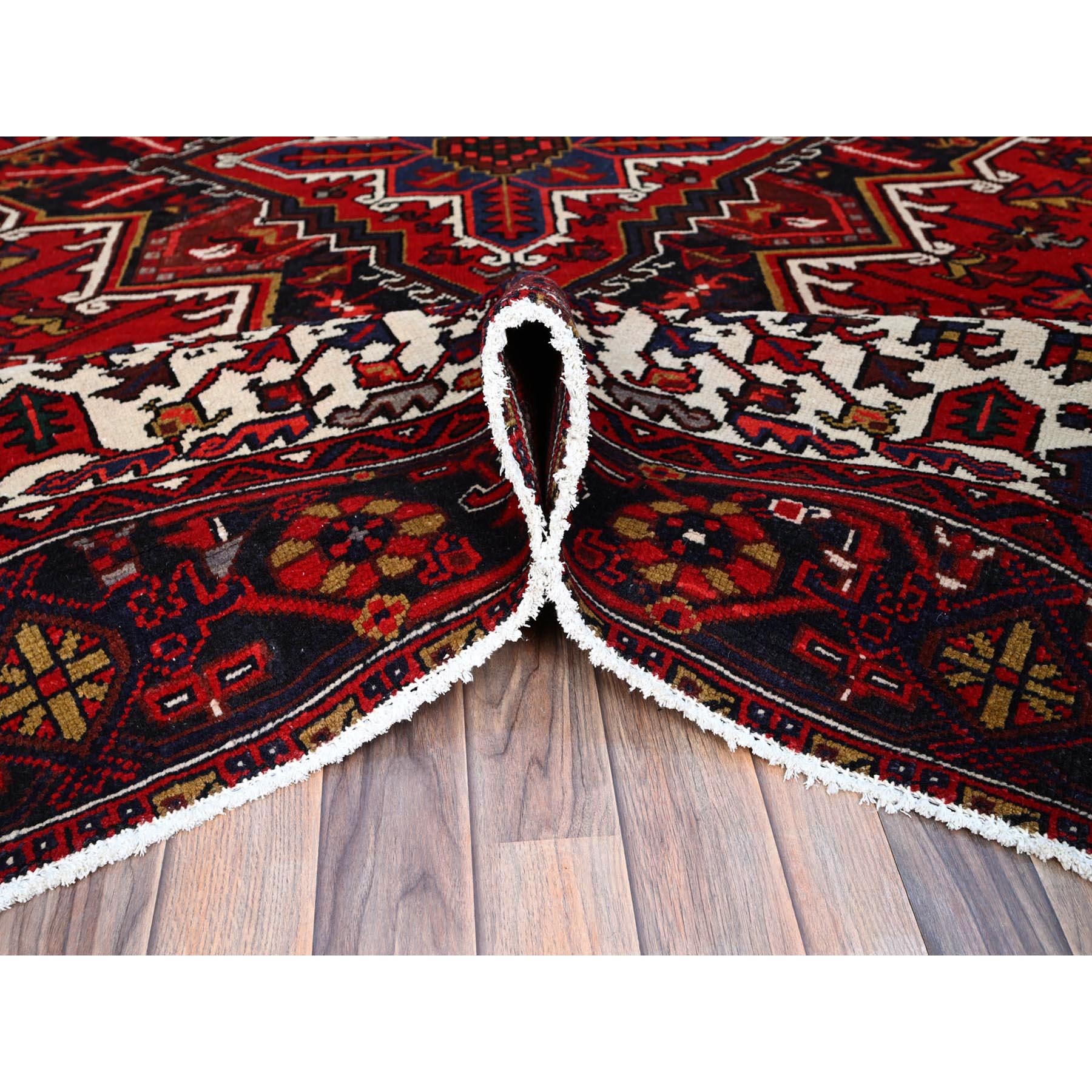 8'4"x10'7" Penn Red With Snow Drift White Corners, Hand Knotted, Clean, Good Condition, Tribal Weaving, Natural Dyes, Vintage Persian Heriz With Centre Flower Element, Oriental Rug Sh158