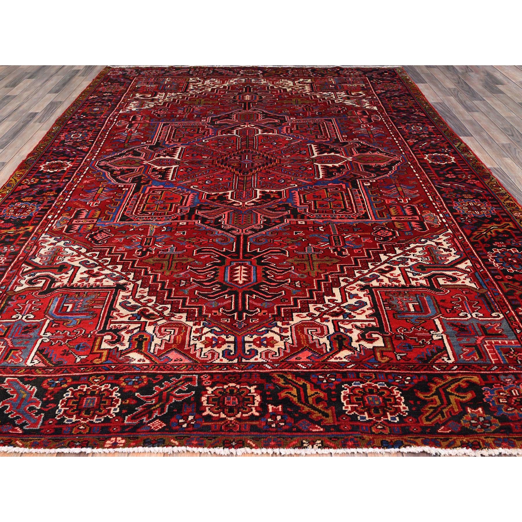 8'4"x11'3" Candy Apple Red, Cleaned, With Salt White Corners And Colorful Centre Geometric Medallion, Vibrant Wool, Natural Dyes, Hand Knotted, Tribal Weave, Old Persian Heriz Oriental Rug Sh165