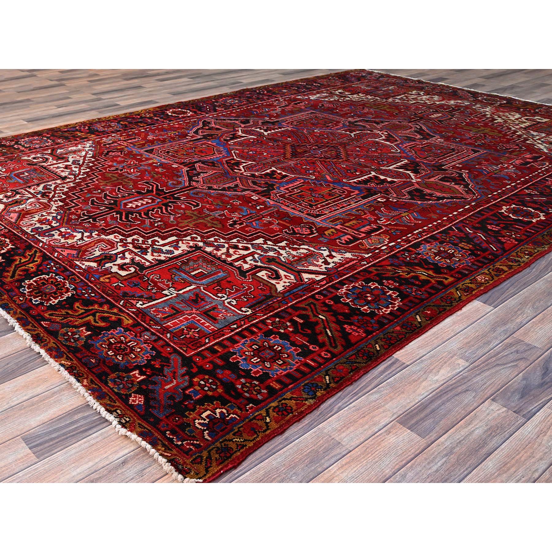 8'4"x11'3" Candy Apple Red, Cleaned, With Salt White Corners And Colorful Centre Geometric Medallion, Vibrant Wool, Natural Dyes, Hand Knotted, Tribal Weave, Old Persian Heriz Oriental Rug Sh165
