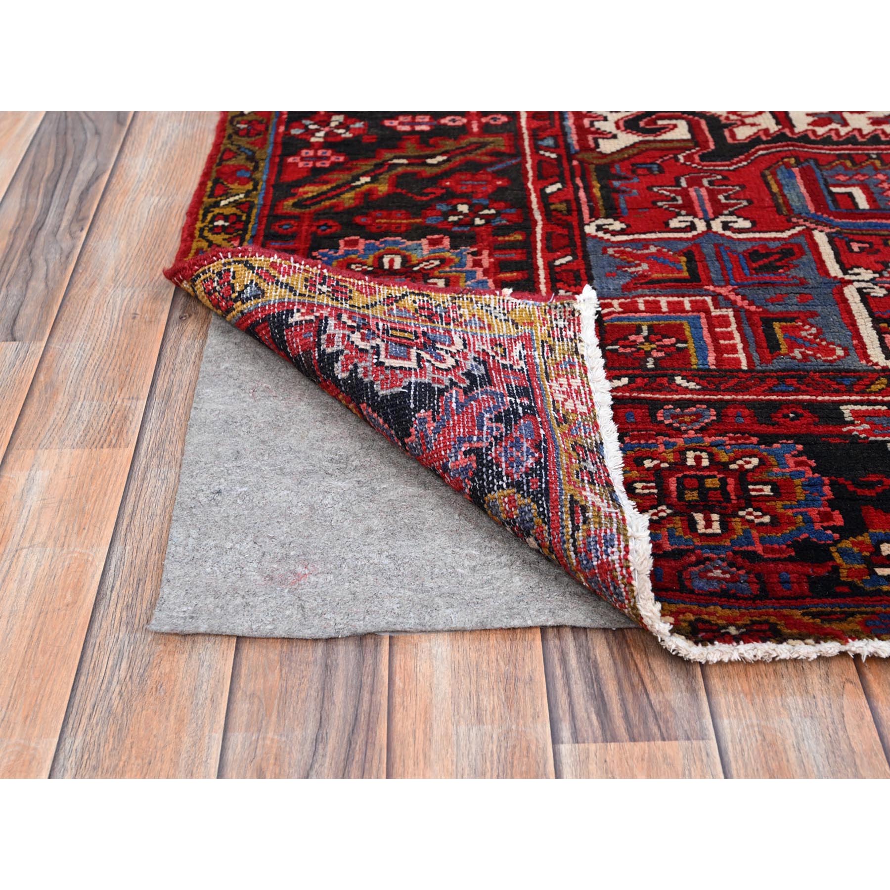 8'4"x11'3" Candy Apple Red, Cleaned, With Salt White Corners And Colorful Centre Geometric Medallion, Vibrant Wool, Natural Dyes, Hand Knotted, Tribal Weave, Old Persian Heriz Oriental Rug Sh165