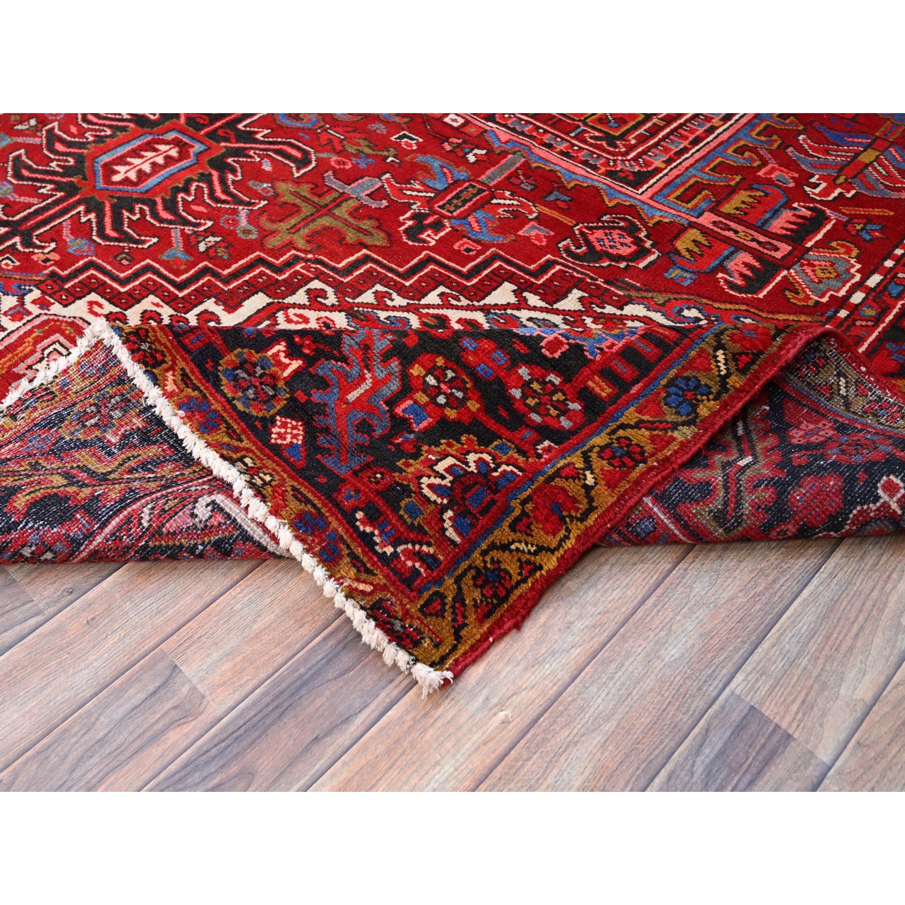 8'4"x11'3" Candy Apple Red, Cleaned, With Salt White Corners And Colorful Centre Geometric Medallion, Vibrant Wool, Natural Dyes, Hand Knotted, Tribal Weave, Old Persian Heriz Oriental Rug Sh165