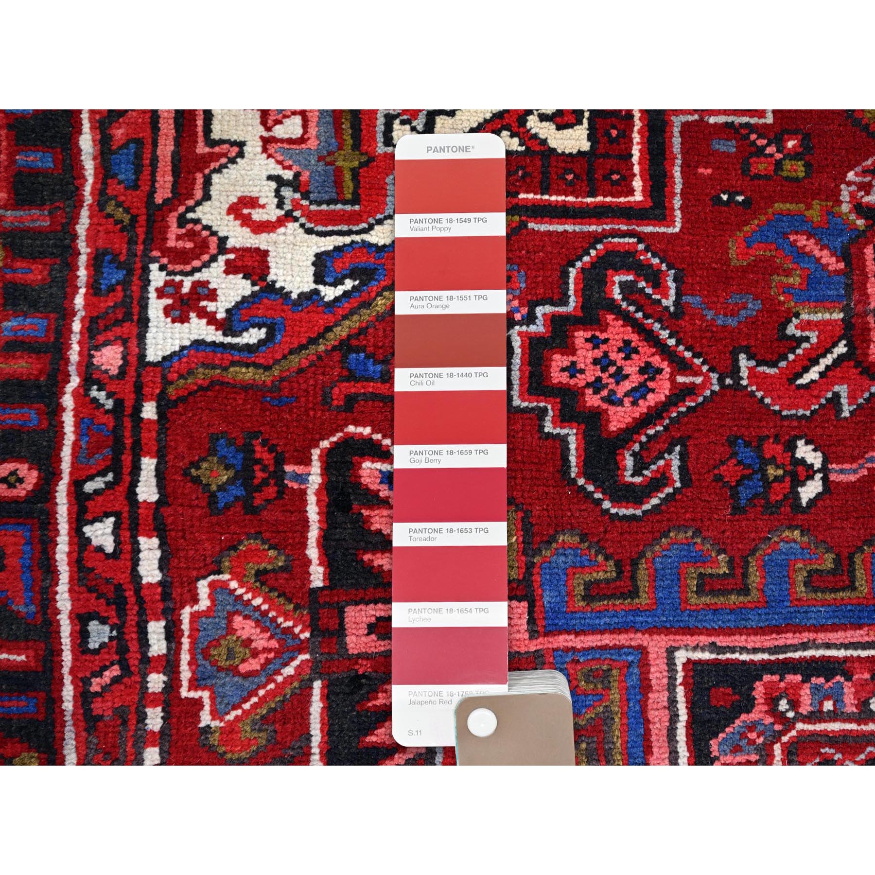 8'4"x11'3" Candy Apple Red, Cleaned, With Salt White Corners And Colorful Centre Geometric Medallion, Vibrant Wool, Natural Dyes, Hand Knotted, Tribal Weave, Old Persian Heriz Oriental Rug Sh165