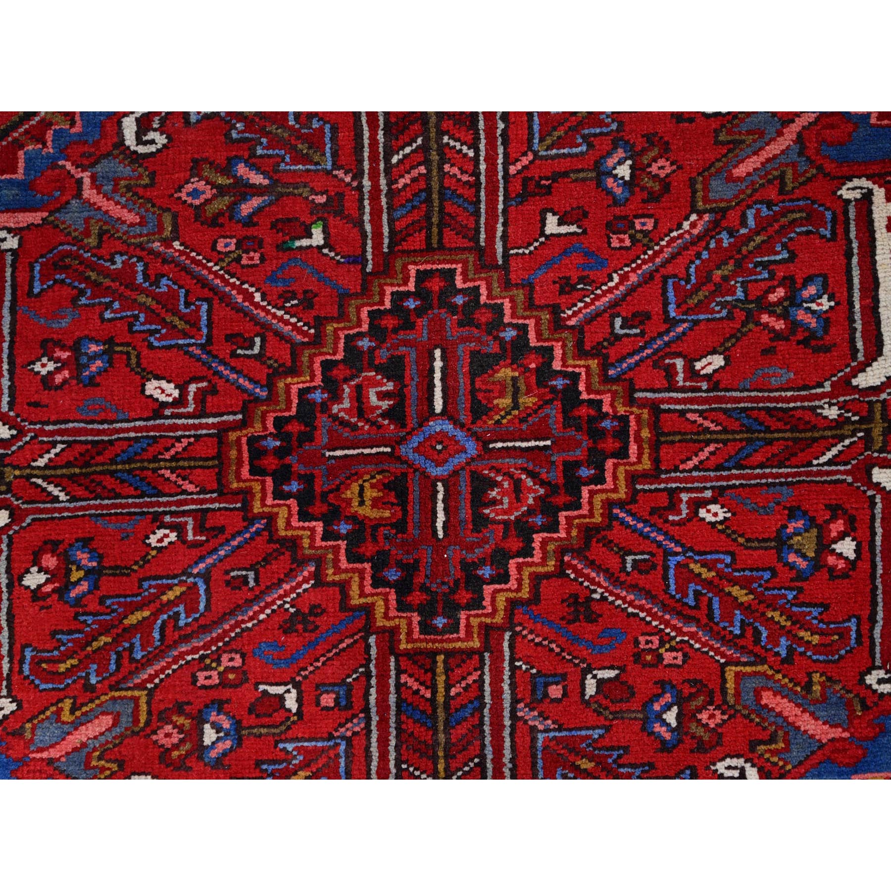 8'4"x11'3" Candy Apple Red, Cleaned, With Salt White Corners And Colorful Centre Geometric Medallion, Vibrant Wool, Natural Dyes, Hand Knotted, Tribal Weave, Old Persian Heriz Oriental Rug Sh165