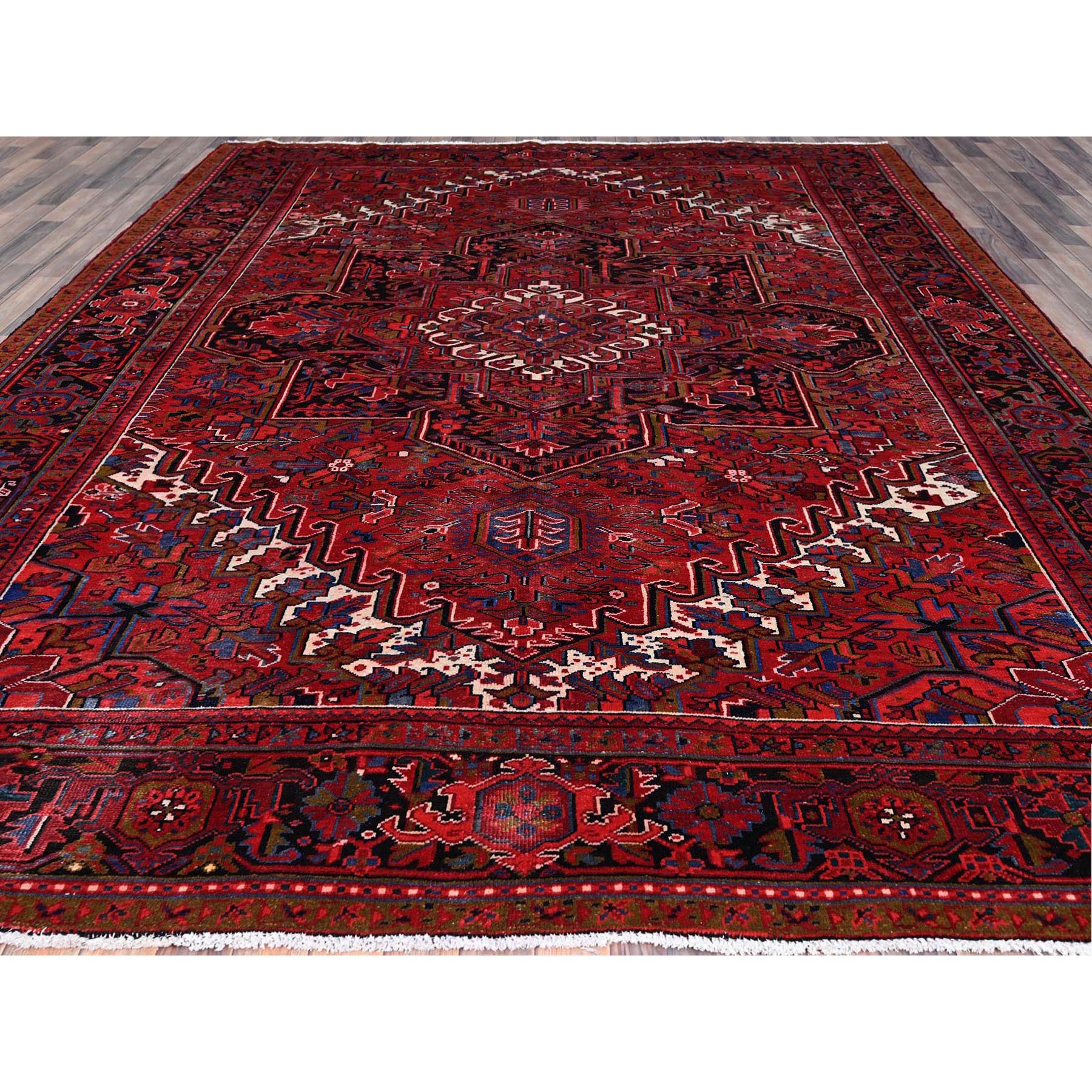 9'8"x12'3" Merlot Deep Red With Colorful Large Motif, Good Condition, Clean With Pop Of Color, Organic Wool, Semi Antique Nomad Art Persian Heriz Oriental Rug Sh166