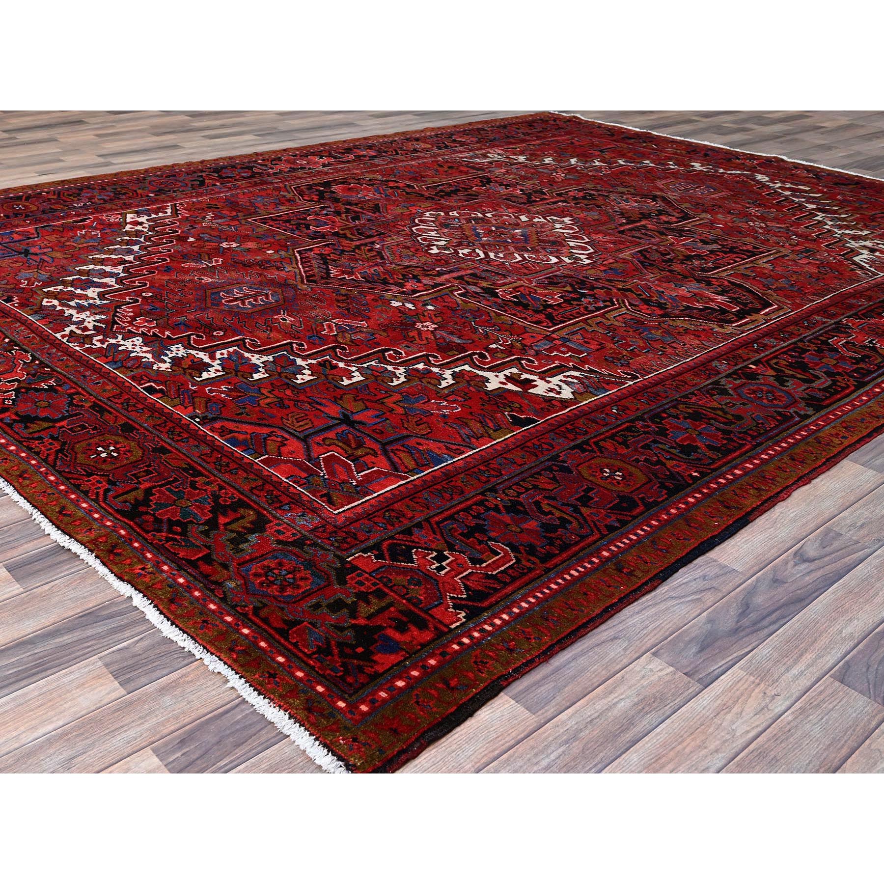 9'8"x12'3" Merlot Deep Red With Colorful Large Motif, Good Condition, Clean With Pop Of Color, Organic Wool, Semi Antique Nomad Art Persian Heriz Oriental Rug Sh166