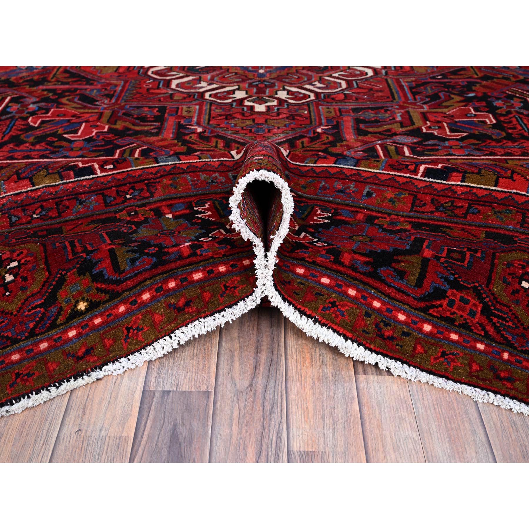 9'8"x12'3" Merlot Deep Red With Colorful Large Motif, Good Condition, Clean With Pop Of Color, Organic Wool, Semi Antique Nomad Art Persian Heriz Oriental Rug Sh166