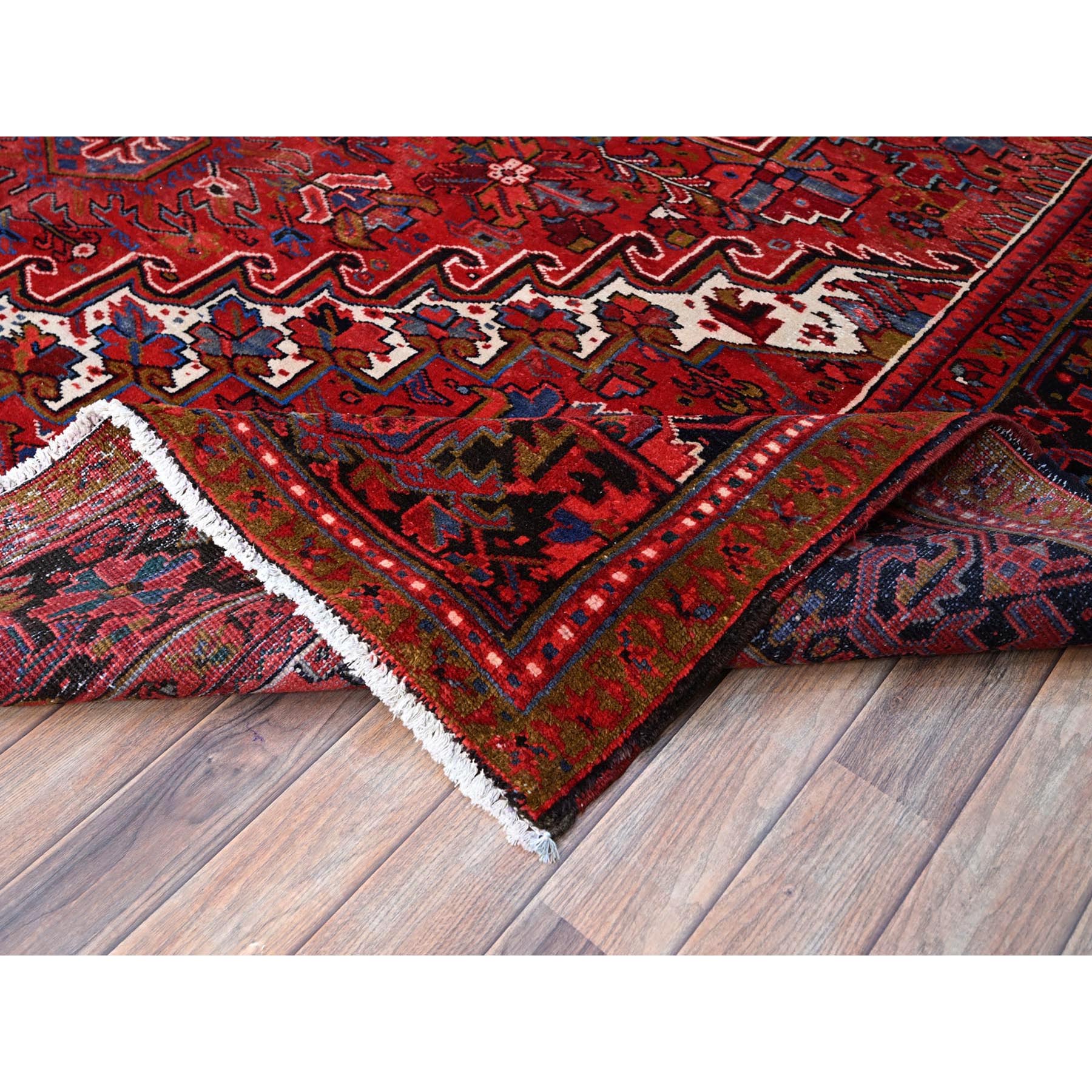 9'8"x12'3" Merlot Deep Red With Colorful Large Motif, Good Condition, Clean With Pop Of Color, Organic Wool, Semi Antique Nomad Art Persian Heriz Oriental Rug Sh166