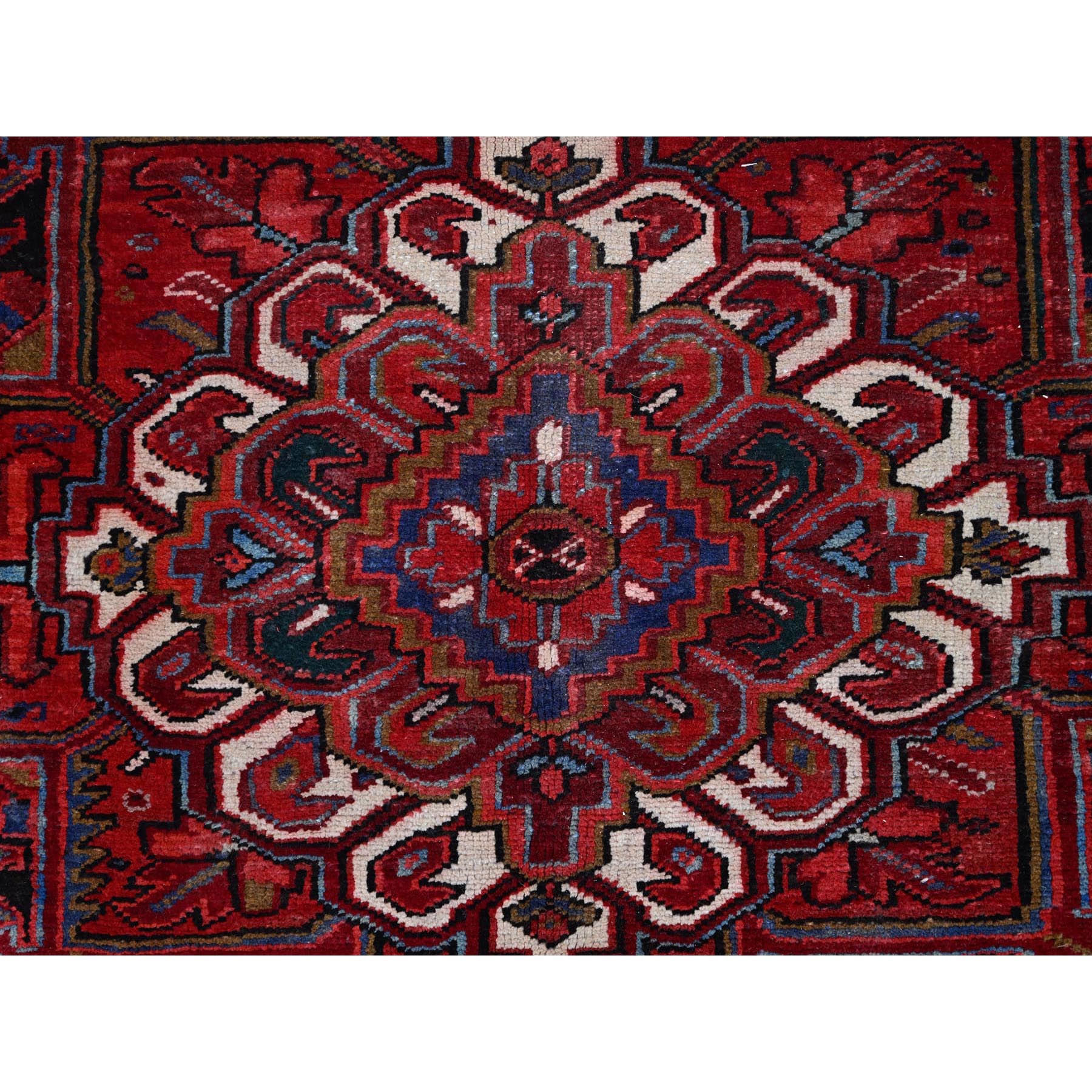 9'8"x12'3" Merlot Deep Red With Colorful Large Motif, Good Condition, Clean With Pop Of Color, Organic Wool, Semi Antique Nomad Art Persian Heriz Oriental Rug Sh166