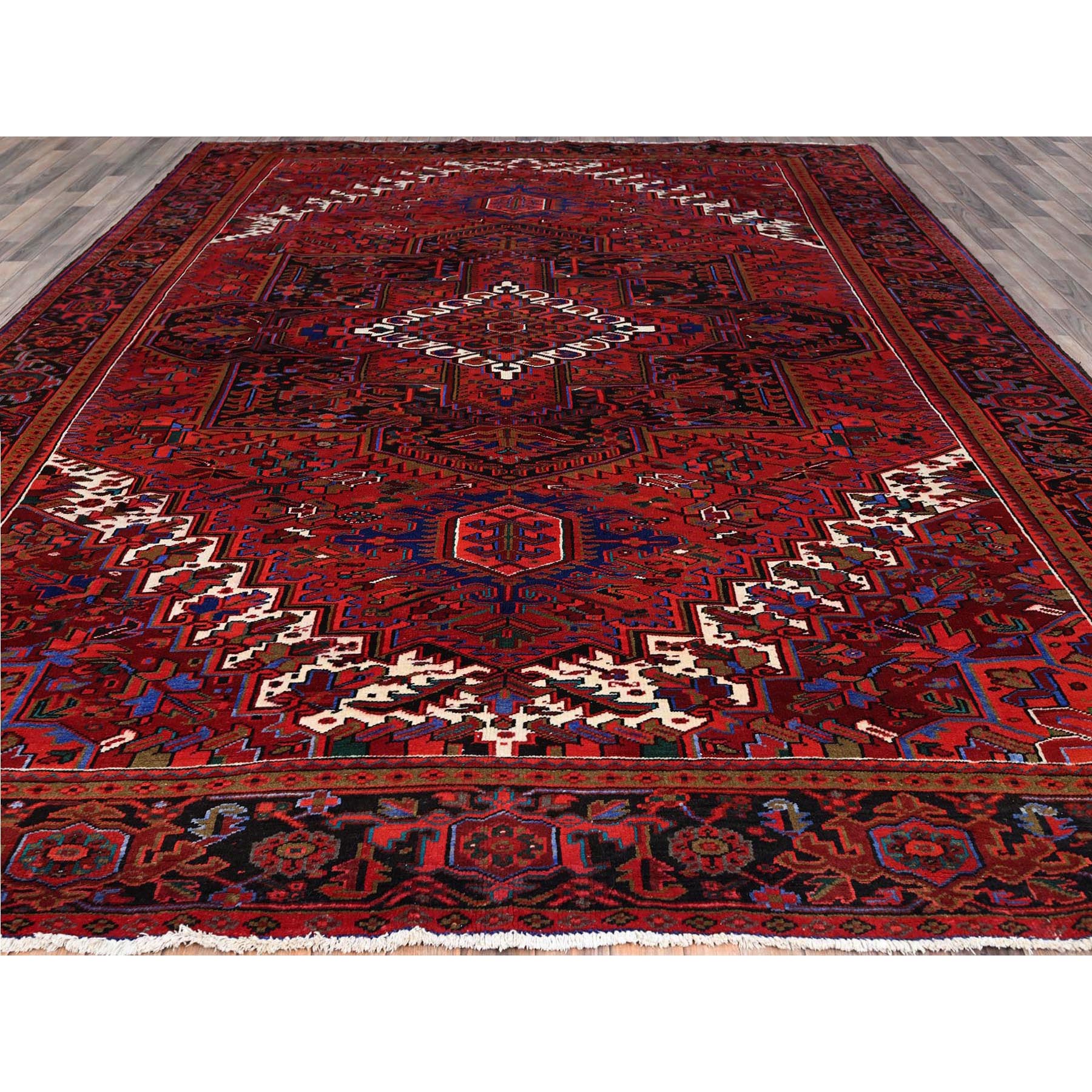 9'10"x12'6" Sceptre Red, Cleaned, Good Condition, Pure Wool, Ends And Sides Secured, Semi Antique Tribal Weaving Persian Heriz With Centre Flower Pattern, Oriental Rug Sh167