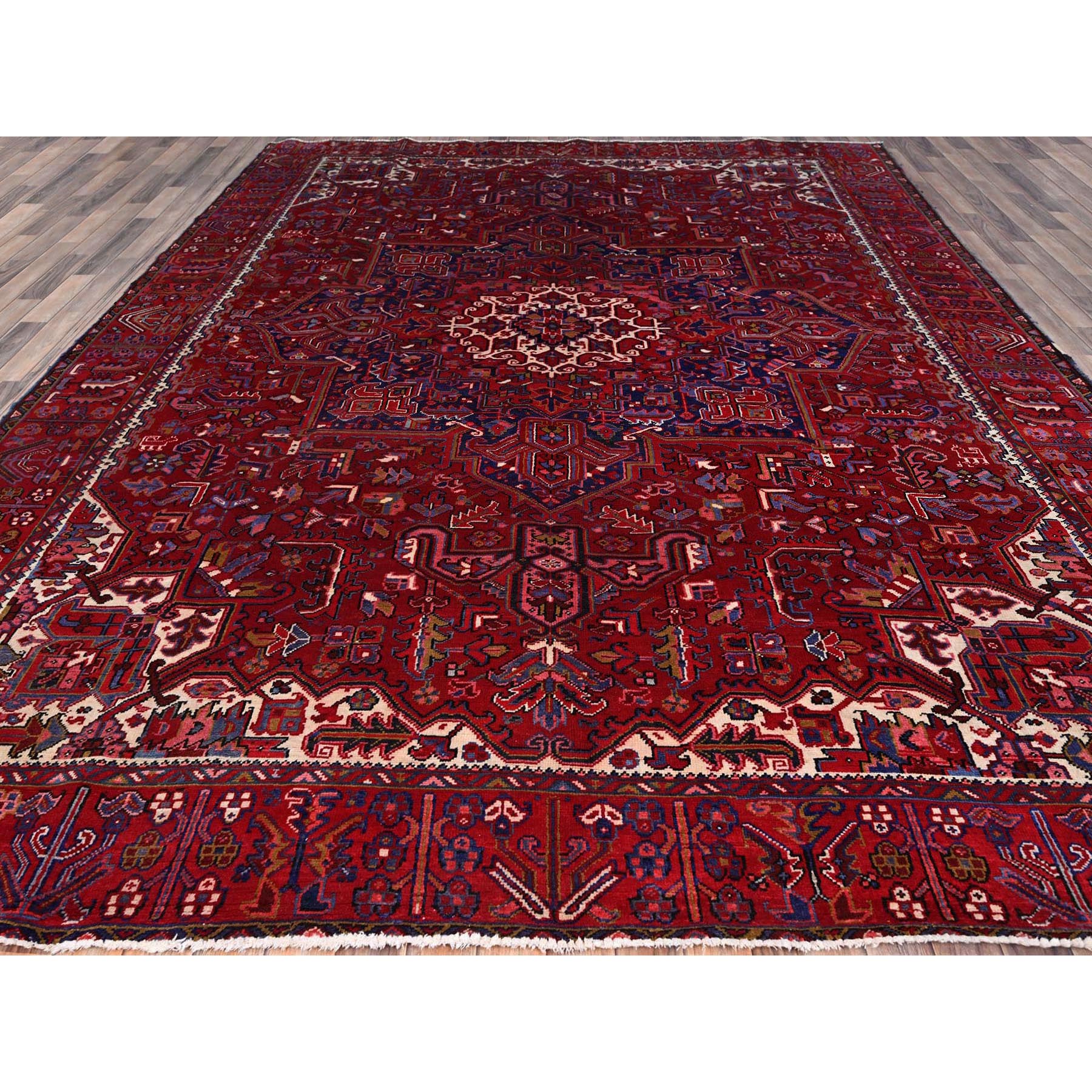 9'8"x12'7" Carmine Red, Sides And Ends Secured Professionally, Vintage Persian Heriz, Good Condition, Tribal Weave, All Natural Wool, Oriental Rug Sh170
