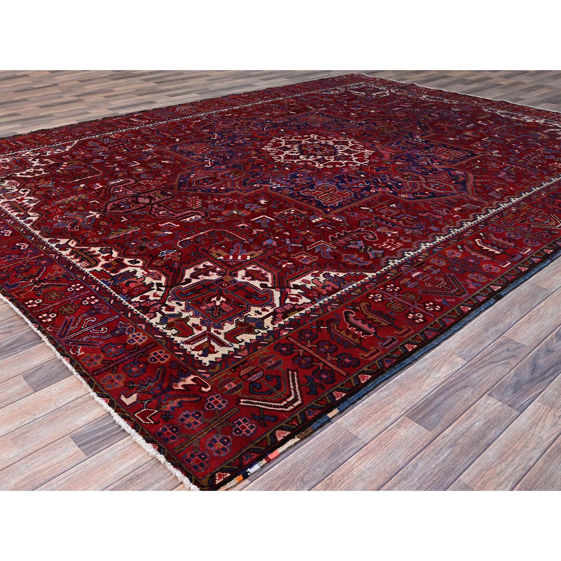 9'8"x12'7" Carmine Red, Sides And Ends Secured Professionally, Vintage Persian Heriz, Good Condition, Tribal Weave, All Natural Wool, Oriental Rug Sh170