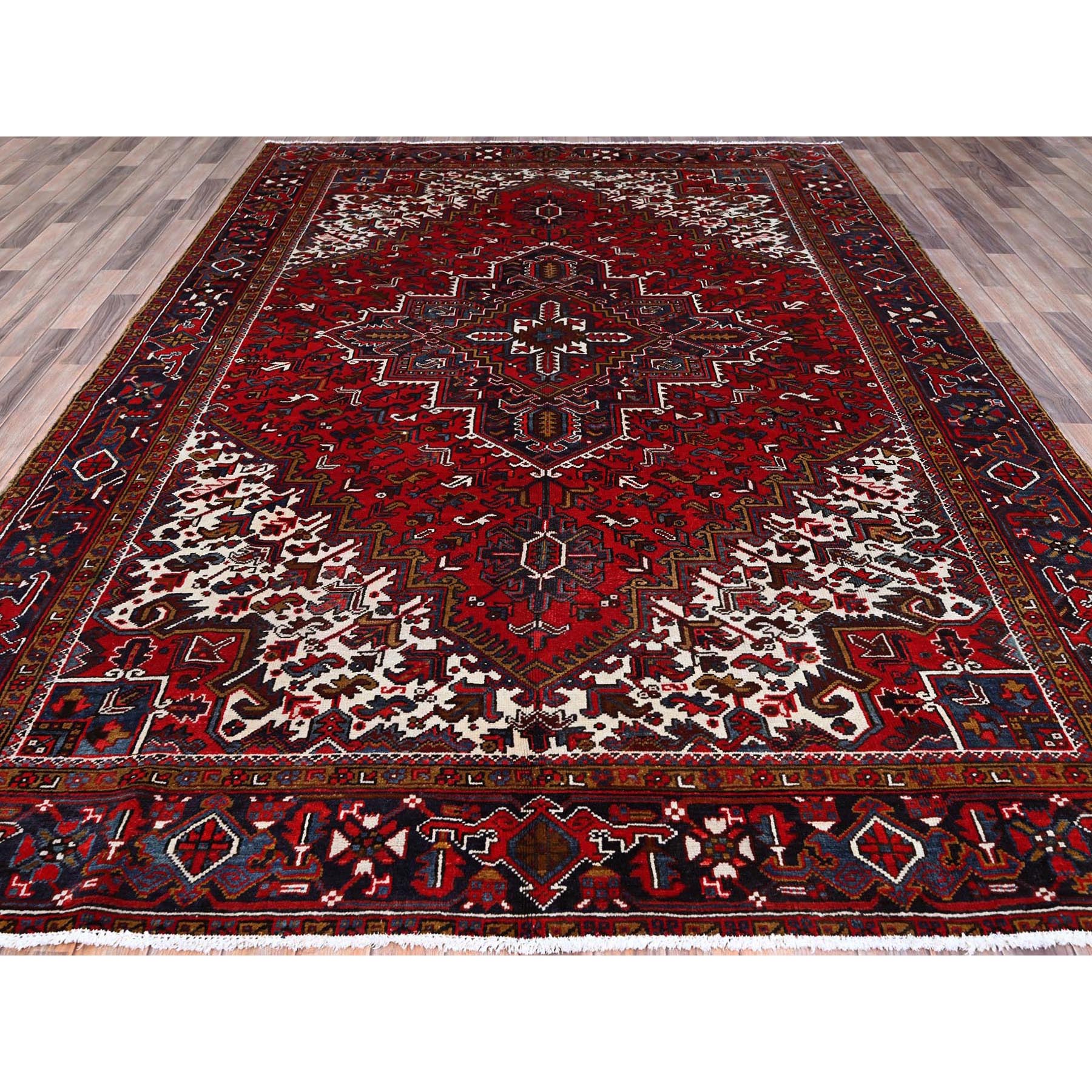 7'9"x10'9" Ruby Red With Geometric Medallion, Sides And Ends Secured Professionally, Tribal Weave, Hand Knotted, 100% Wool, Cropped Thin, Semi Antique Persian Heriz Oriental Rug Sh174