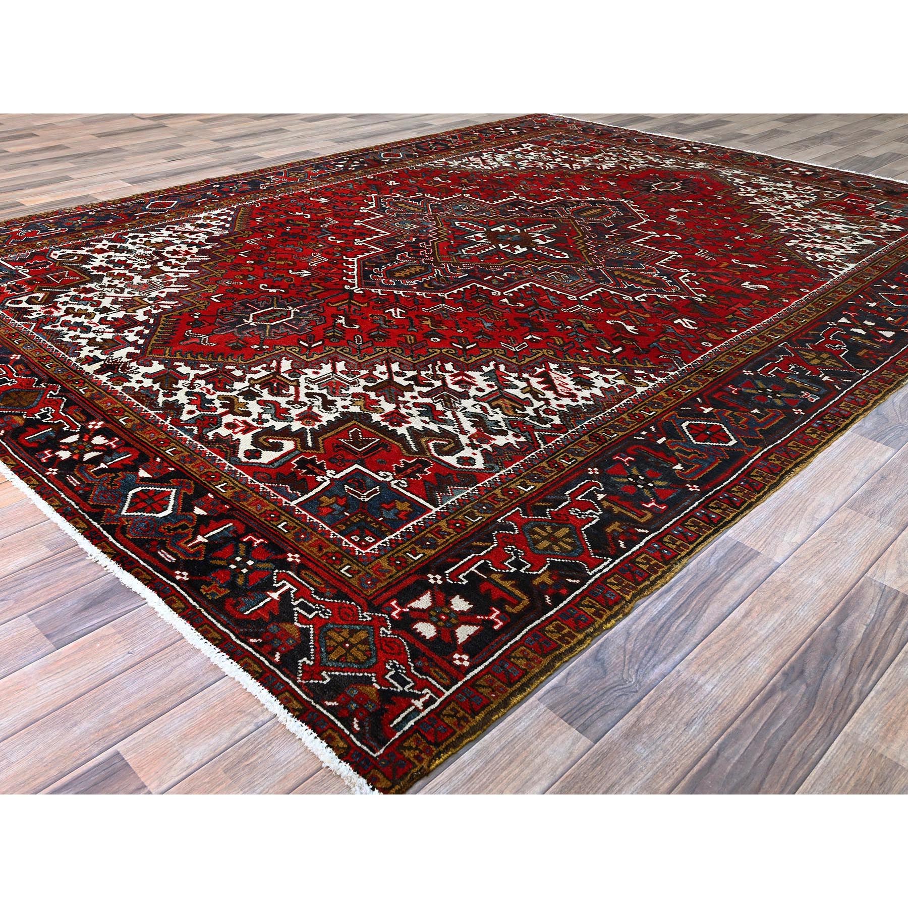 7'9"x10'9" Ruby Red With Geometric Medallion, Sides And Ends Secured Professionally, Tribal Weave, Hand Knotted, 100% Wool, Cropped Thin, Semi Antique Persian Heriz Oriental Rug Sh174