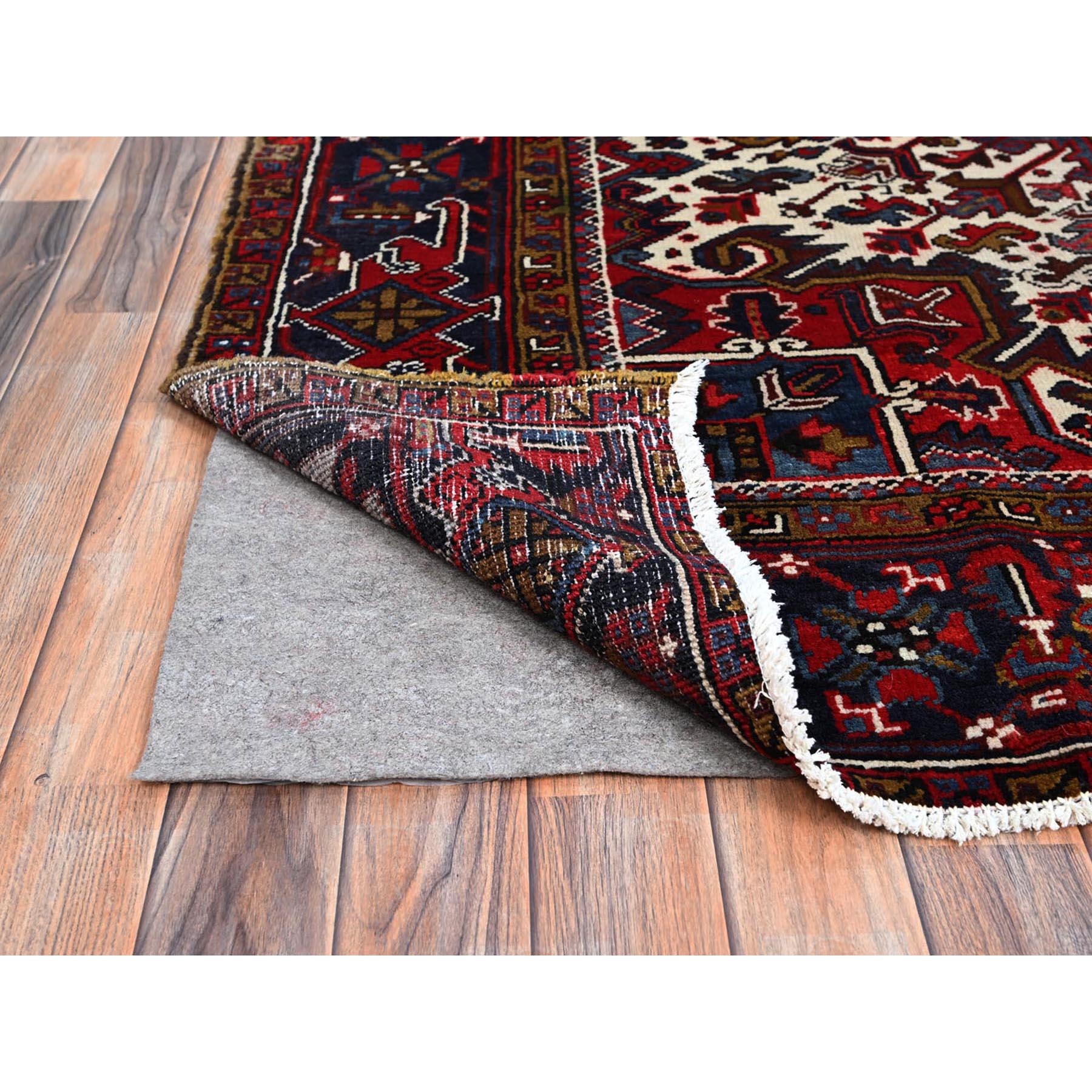 7'9"x10'9" Ruby Red With Geometric Medallion, Sides And Ends Secured Professionally, Tribal Weave, Hand Knotted, 100% Wool, Cropped Thin, Semi Antique Persian Heriz Oriental Rug Sh174