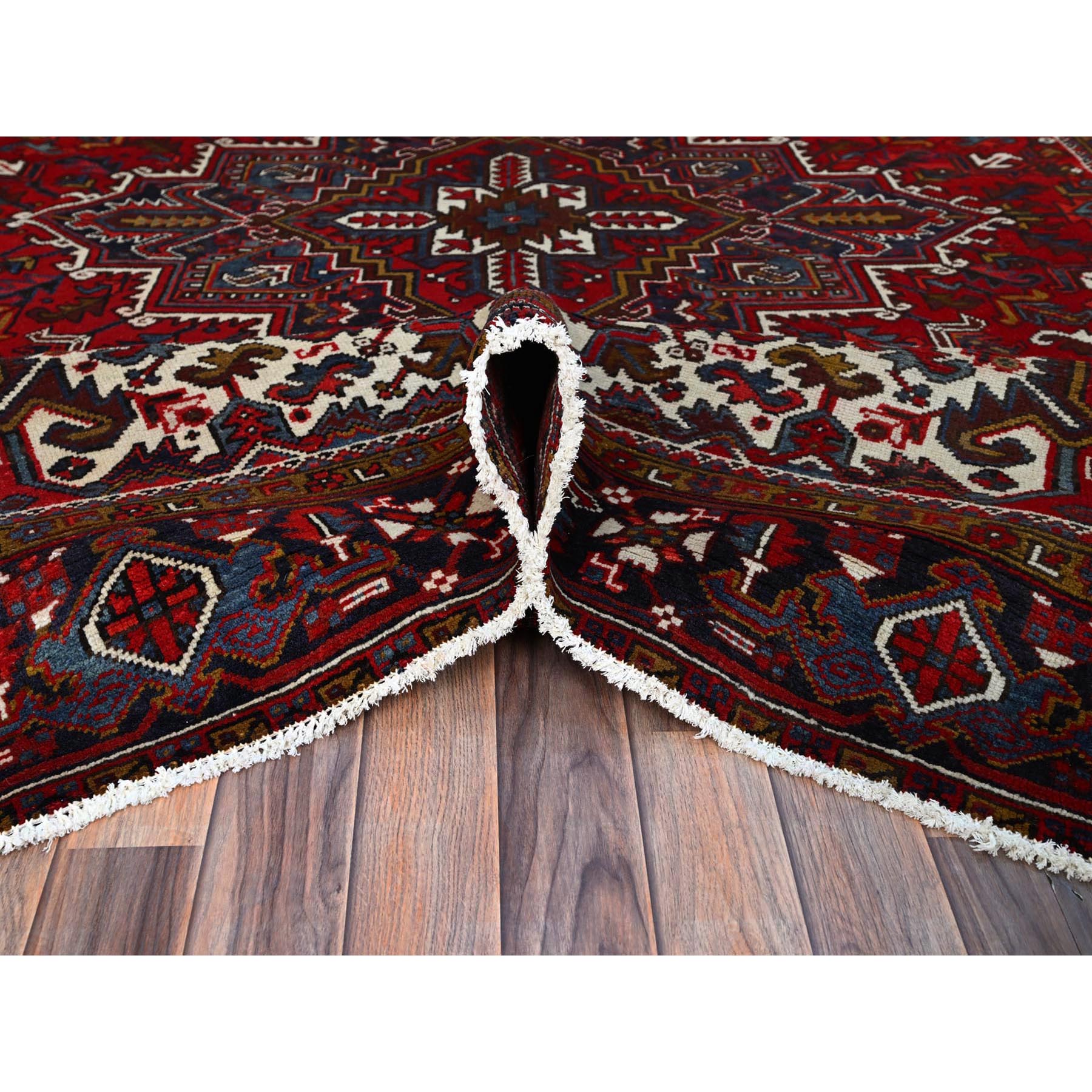 7'9"x10'9" Ruby Red With Geometric Medallion, Sides And Ends Secured Professionally, Tribal Weave, Hand Knotted, 100% Wool, Cropped Thin, Semi Antique Persian Heriz Oriental Rug Sh174