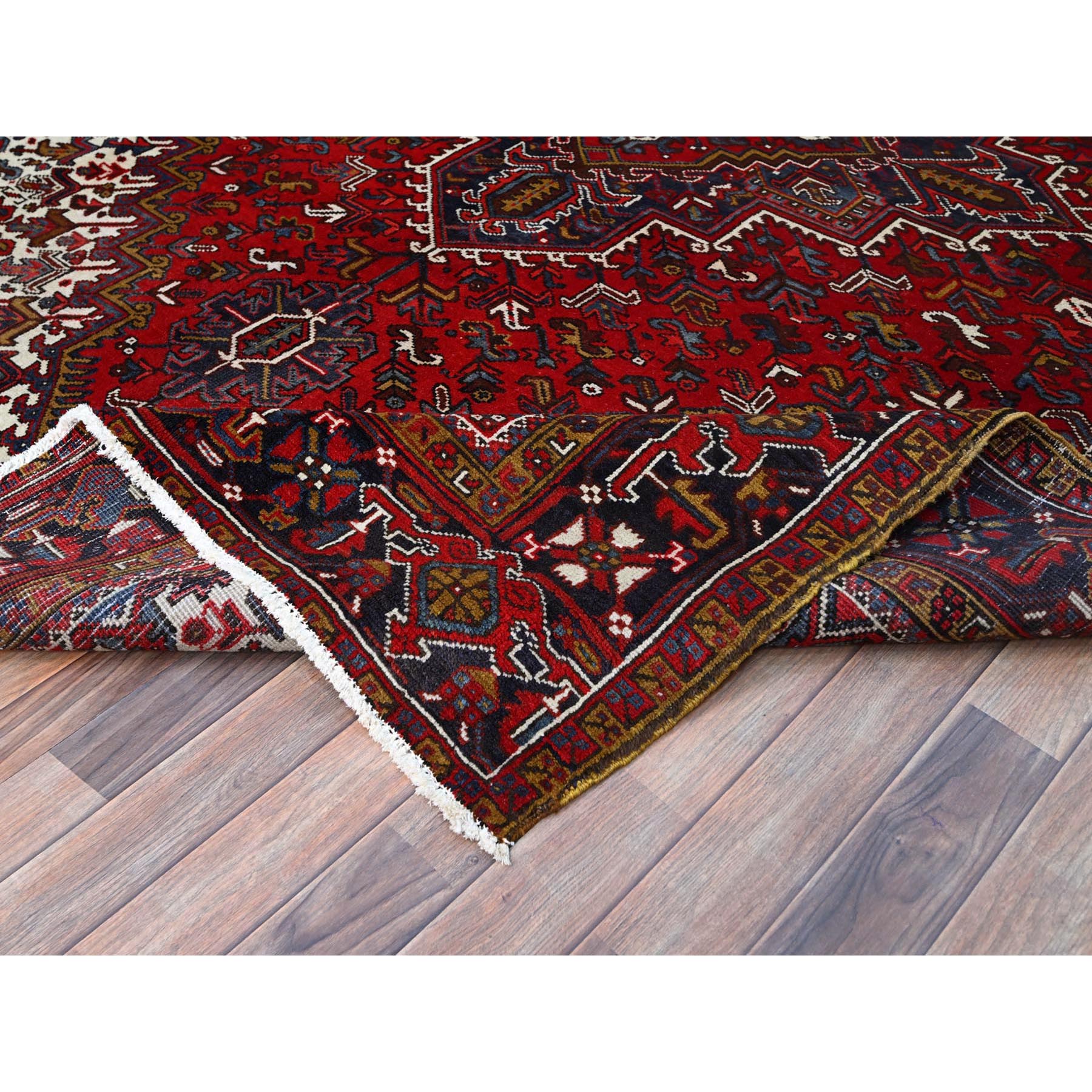 7'9"x10'9" Ruby Red With Geometric Medallion, Sides And Ends Secured Professionally, Tribal Weave, Hand Knotted, 100% Wool, Cropped Thin, Semi Antique Persian Heriz Oriental Rug Sh174