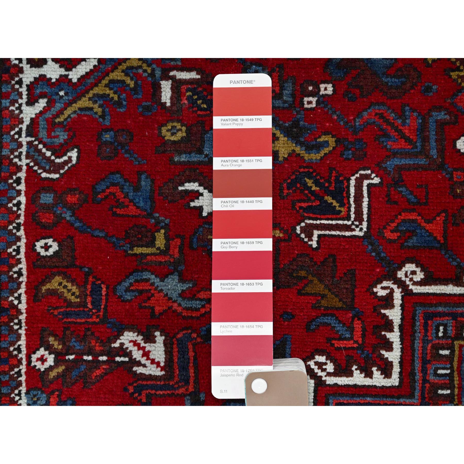 7'9"x10'9" Ruby Red With Geometric Medallion, Sides And Ends Secured Professionally, Tribal Weave, Hand Knotted, 100% Wool, Cropped Thin, Semi Antique Persian Heriz Oriental Rug Sh174