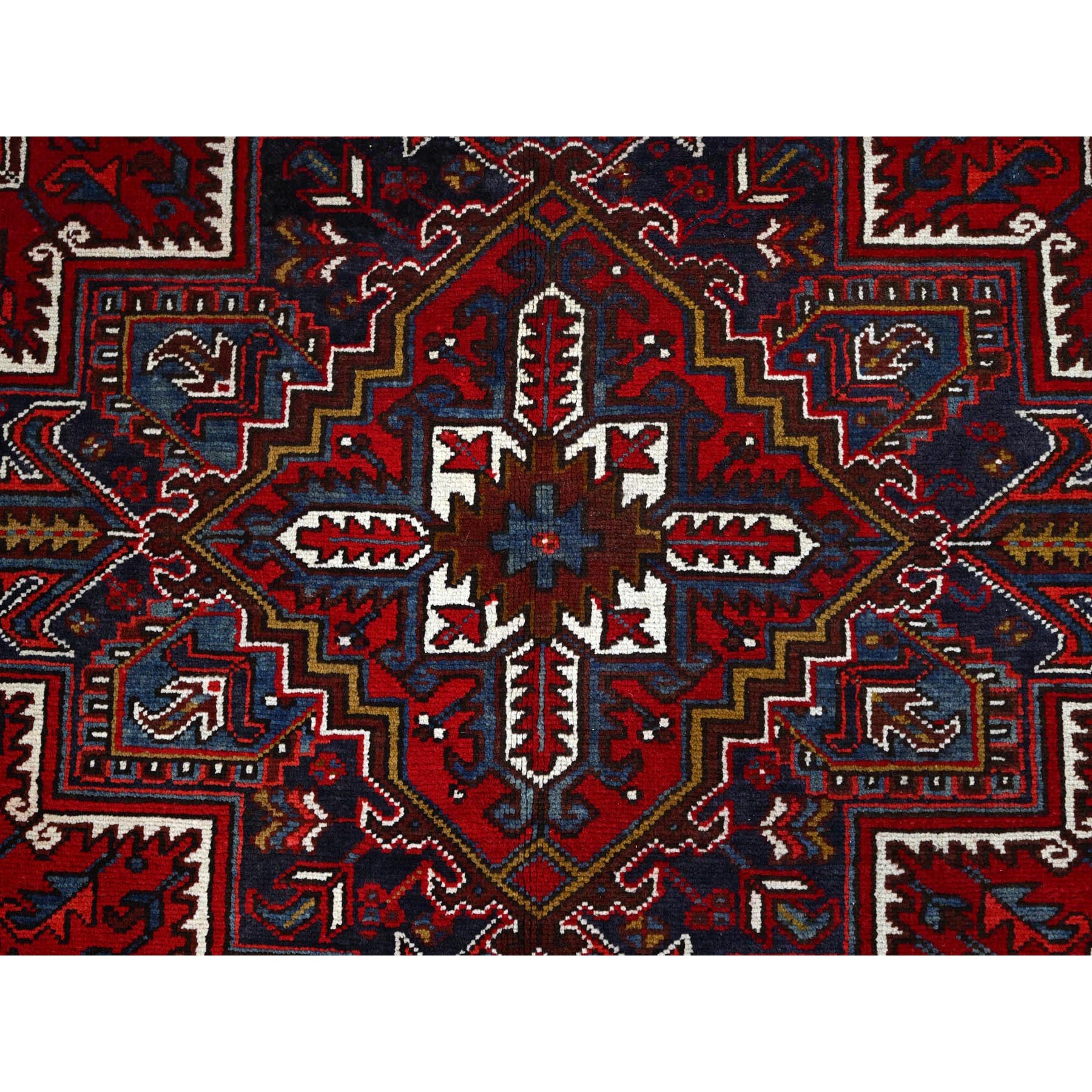 7'9"x10'9" Ruby Red With Geometric Medallion, Sides And Ends Secured Professionally, Tribal Weave, Hand Knotted, 100% Wool, Cropped Thin, Semi Antique Persian Heriz Oriental Rug Sh174