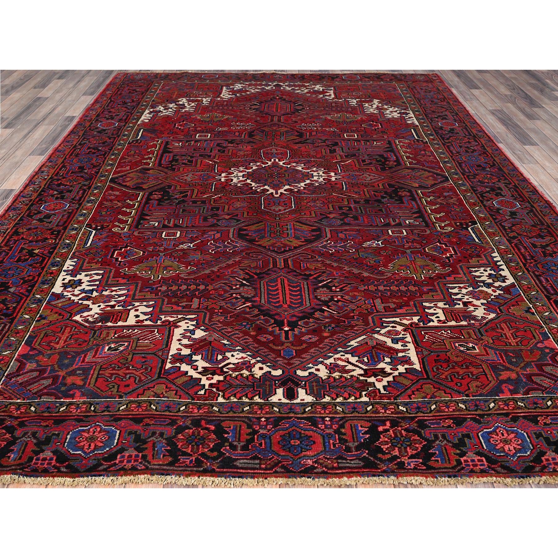 8'4"x11' Barn Red With Geometric Centre Element, Mint Condition, Clean, Cropped Thin, Sides And Ends Secured Professionally, Hand Knotted, Soft Wool, Persian Heriz, Tribal Weaving, Vintage Oriental Rug Sh179