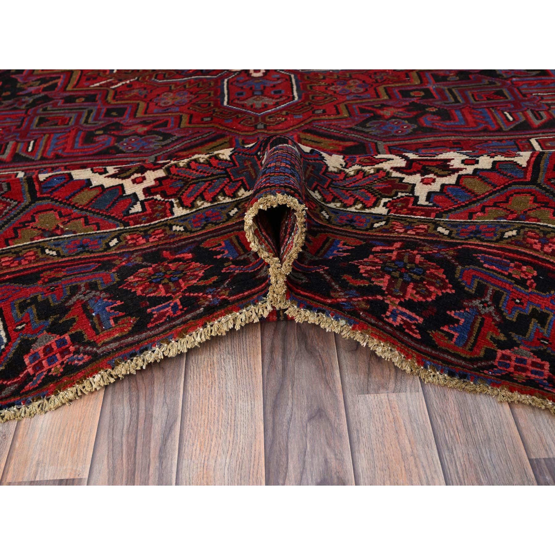 8'4"x11' Barn Red With Geometric Centre Element, Mint Condition, Clean, Cropped Thin, Sides And Ends Secured Professionally, Hand Knotted, Soft Wool, Persian Heriz, Tribal Weaving, Vintage Oriental Rug Sh179