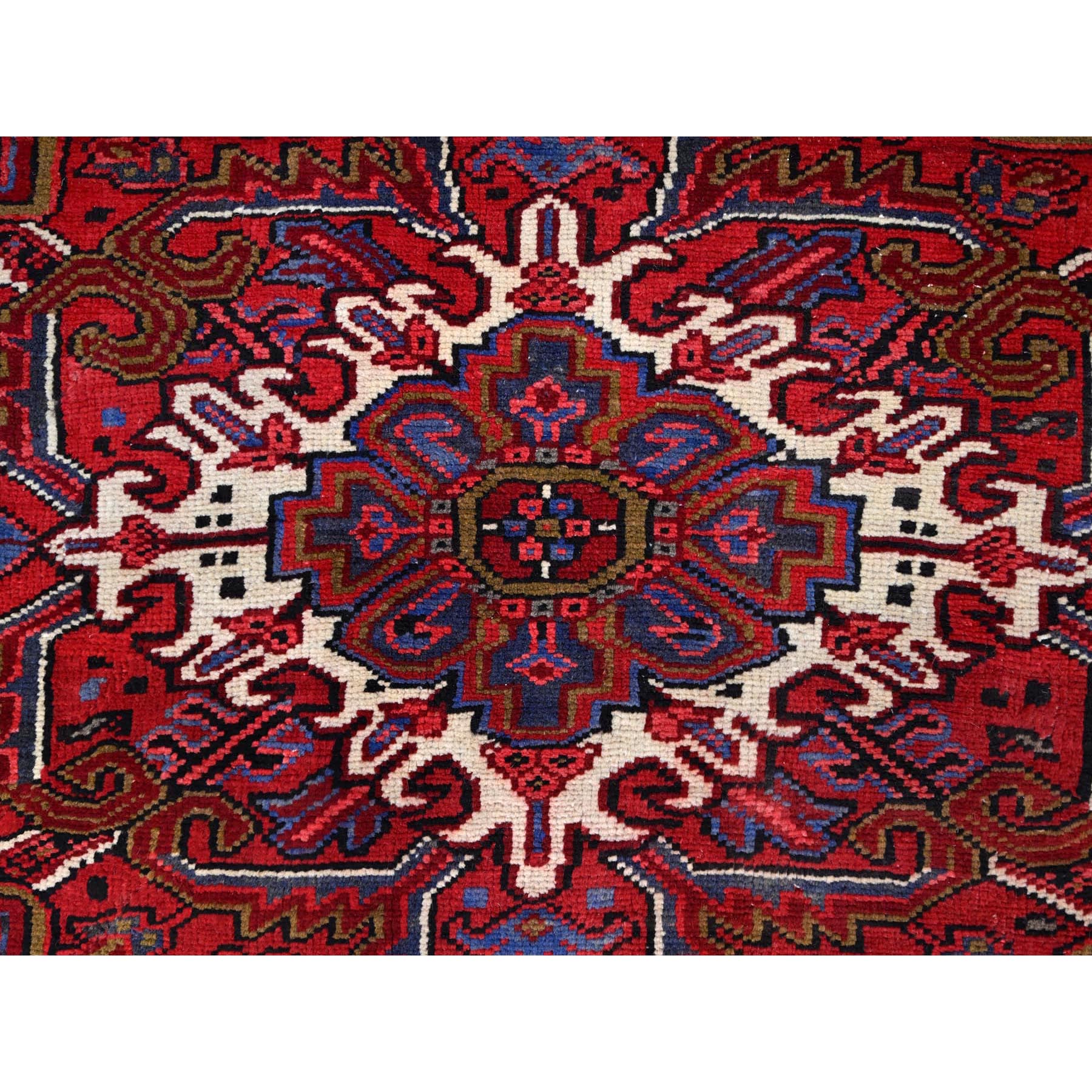 8'4"x11' Barn Red With Geometric Centre Element, Mint Condition, Clean, Cropped Thin, Sides And Ends Secured Professionally, Hand Knotted, Soft Wool, Persian Heriz, Tribal Weaving, Vintage Oriental Rug Sh179