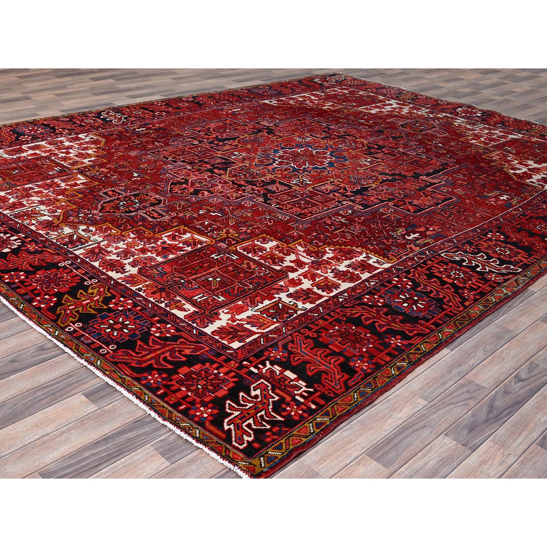 10'x12'8" Fire Brick Red With Asphalt Black Border, Nomad Art, Vintage Persian Heriz, Great Condition, Cleaned, Sheared Low, Sides And Ends Secured, Hand Knotted, Luxurious Wool, Oriental Rug Sh180