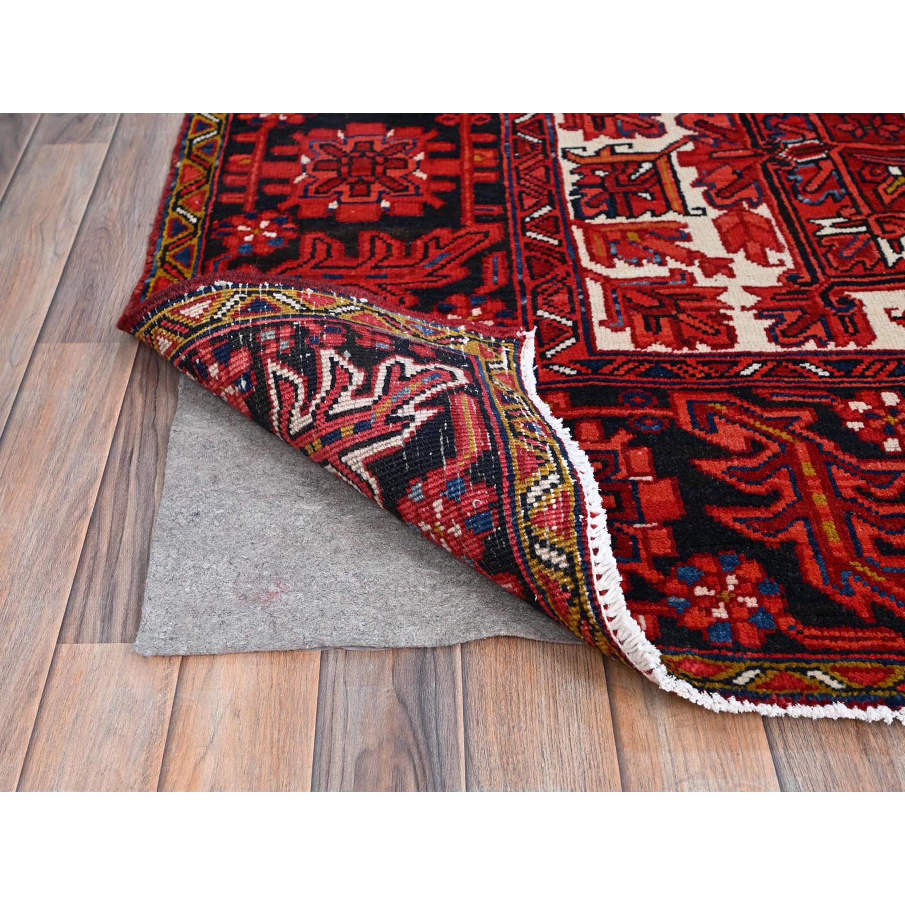 10'x12'8" Fire Brick Red With Asphalt Black Border, Nomad Art, Vintage Persian Heriz, Great Condition, Cleaned, Sheared Low, Sides And Ends Secured, Hand Knotted, Luxurious Wool, Oriental Rug Sh180