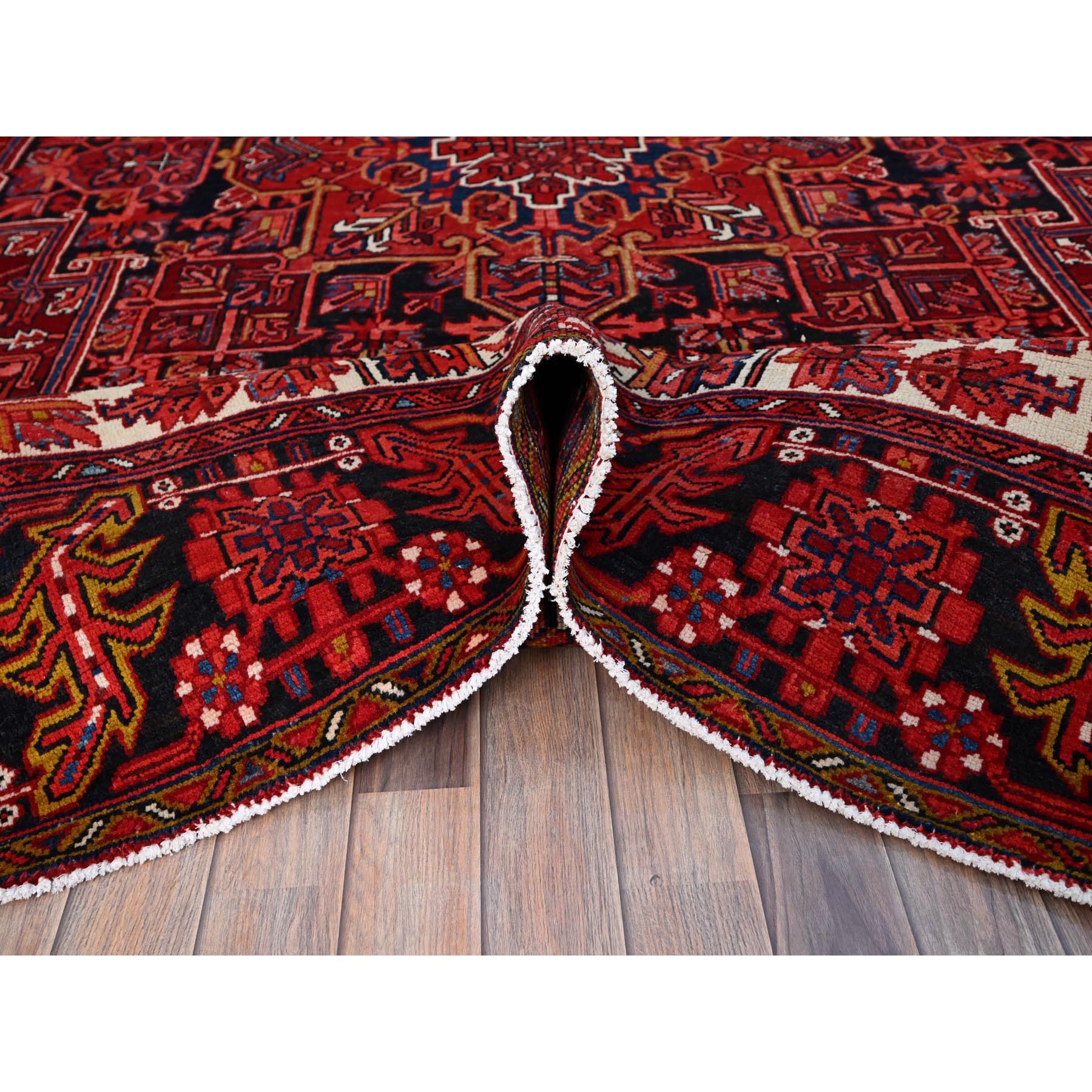 10'x12'8" Fire Brick Red With Asphalt Black Border, Nomad Art, Vintage Persian Heriz, Great Condition, Cleaned, Sheared Low, Sides And Ends Secured, Hand Knotted, Luxurious Wool, Oriental Rug Sh180