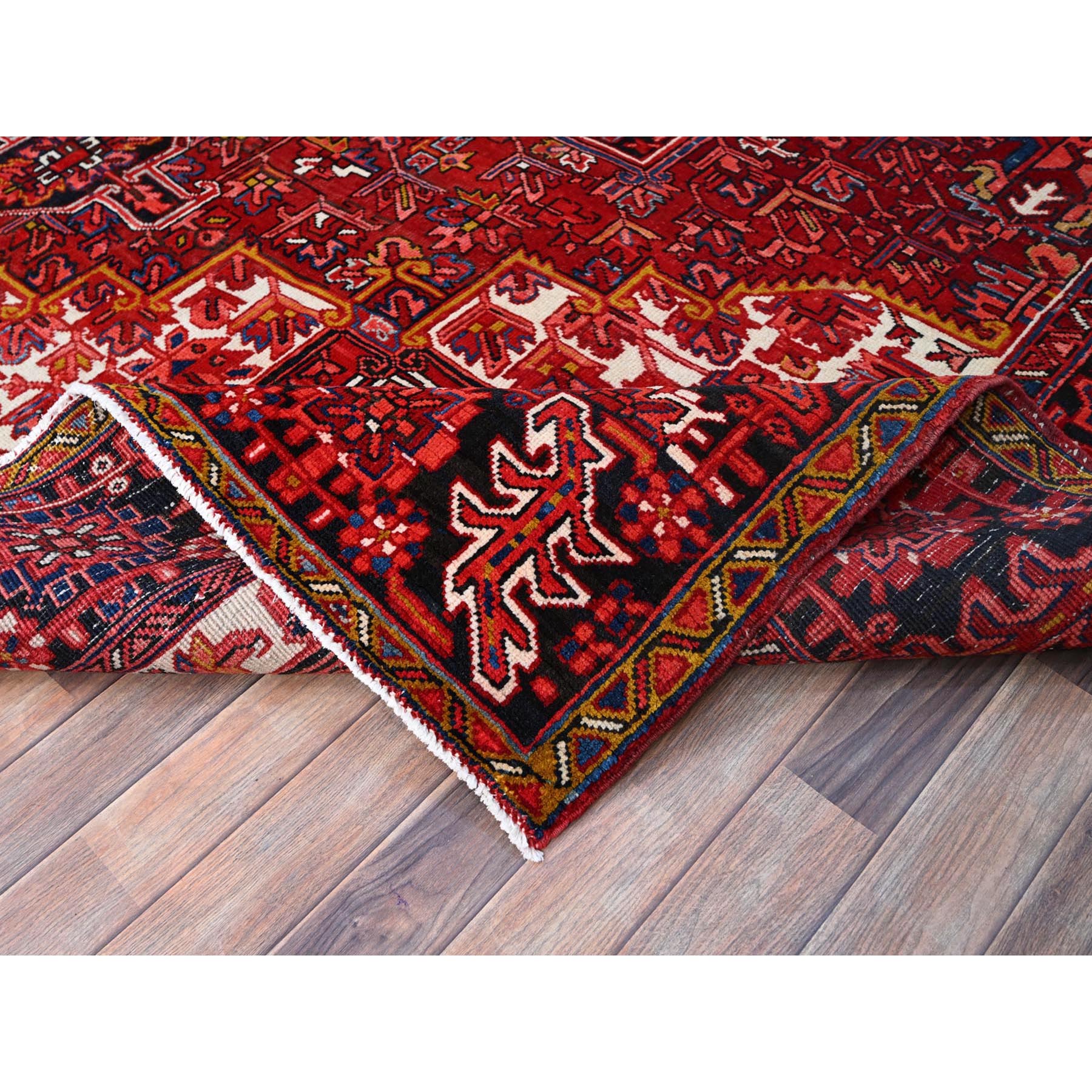 10'x12'8" Fire Brick Red With Asphalt Black Border, Nomad Art, Vintage Persian Heriz, Great Condition, Cleaned, Sheared Low, Sides And Ends Secured, Hand Knotted, Luxurious Wool, Oriental Rug Sh180