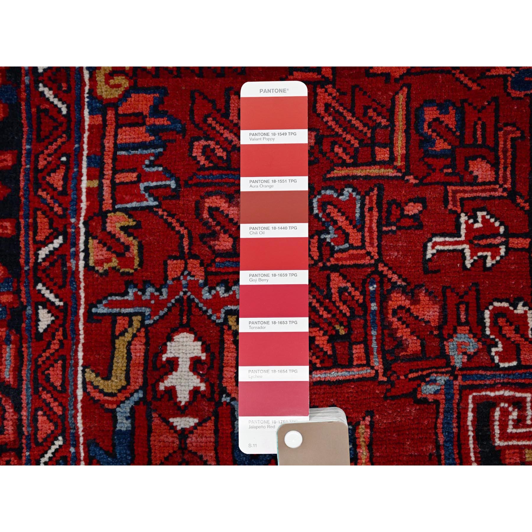 10'x12'8" Fire Brick Red With Asphalt Black Border, Nomad Art, Vintage Persian Heriz, Great Condition, Cleaned, Sheared Low, Sides And Ends Secured, Hand Knotted, Luxurious Wool, Oriental Rug Sh180