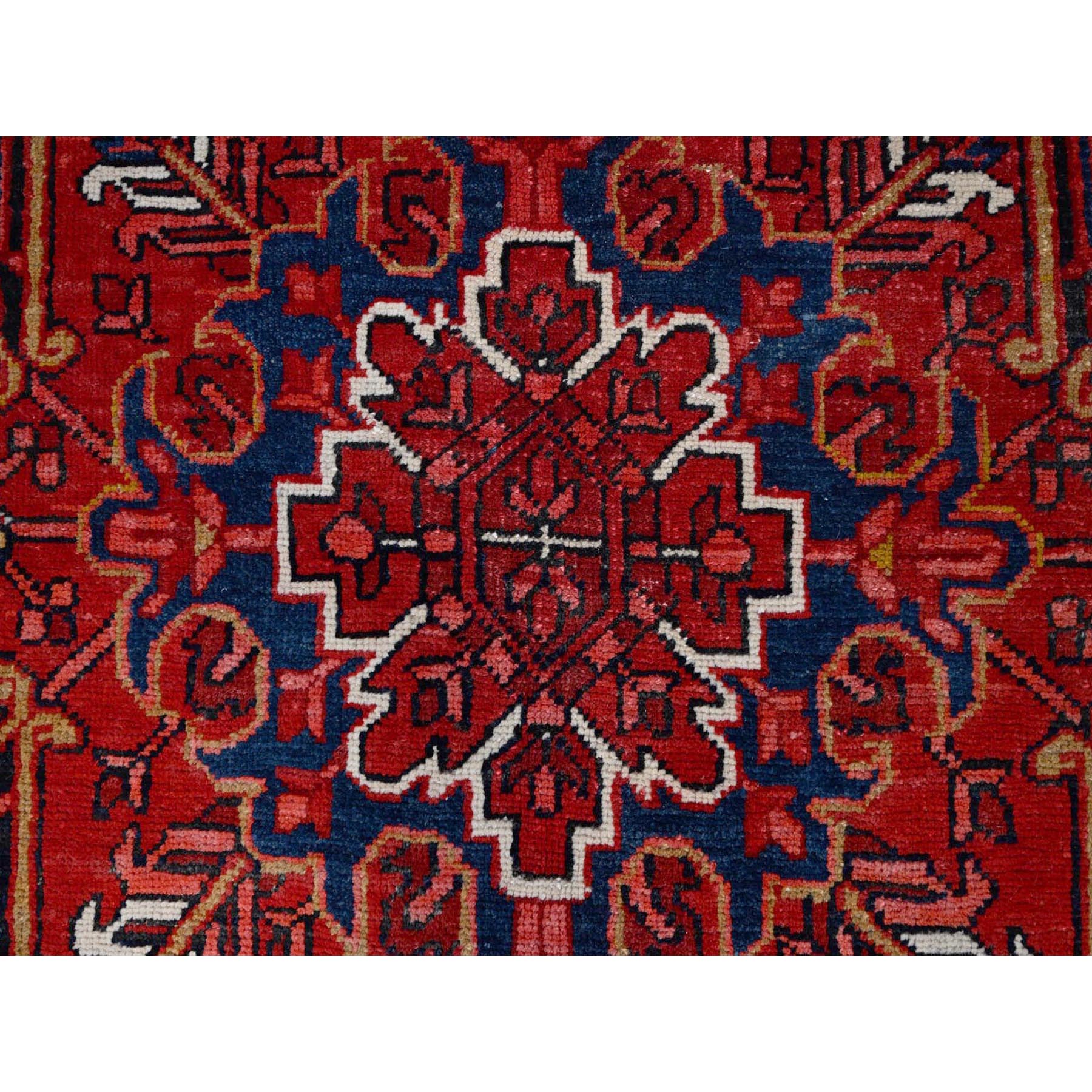 10'x12'8" Fire Brick Red With Asphalt Black Border, Nomad Art, Vintage Persian Heriz, Great Condition, Cleaned, Sheared Low, Sides And Ends Secured, Hand Knotted, Luxurious Wool, Oriental Rug Sh180
