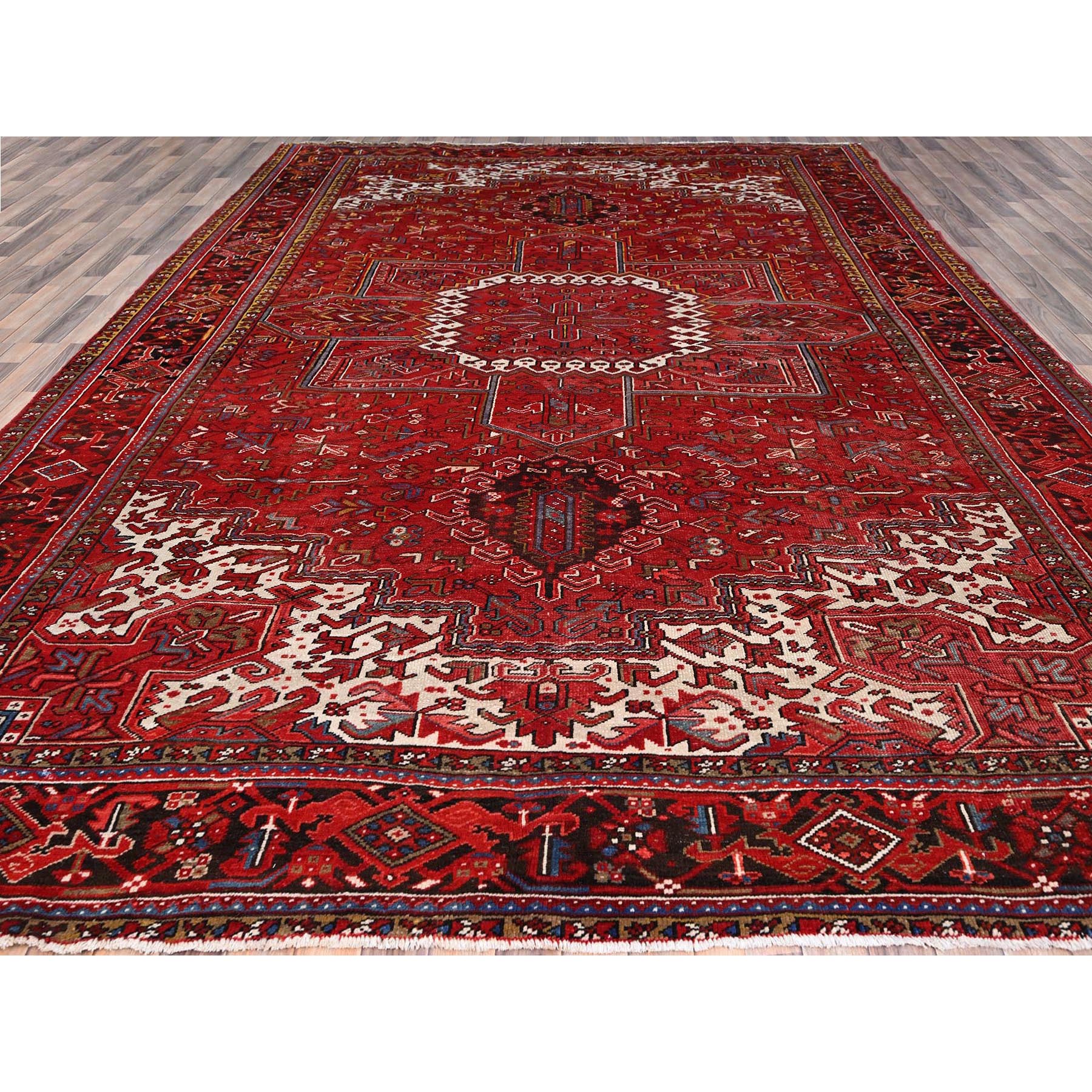 10'2"x13'8" Penn Red And Ivory Color Corners, Good Condition, Hand Knotted, Sides And Ends Secured Professionally, Semi Antique Persian Heriz, All Wool, Cropped Thin, Oriental Rug Sh181