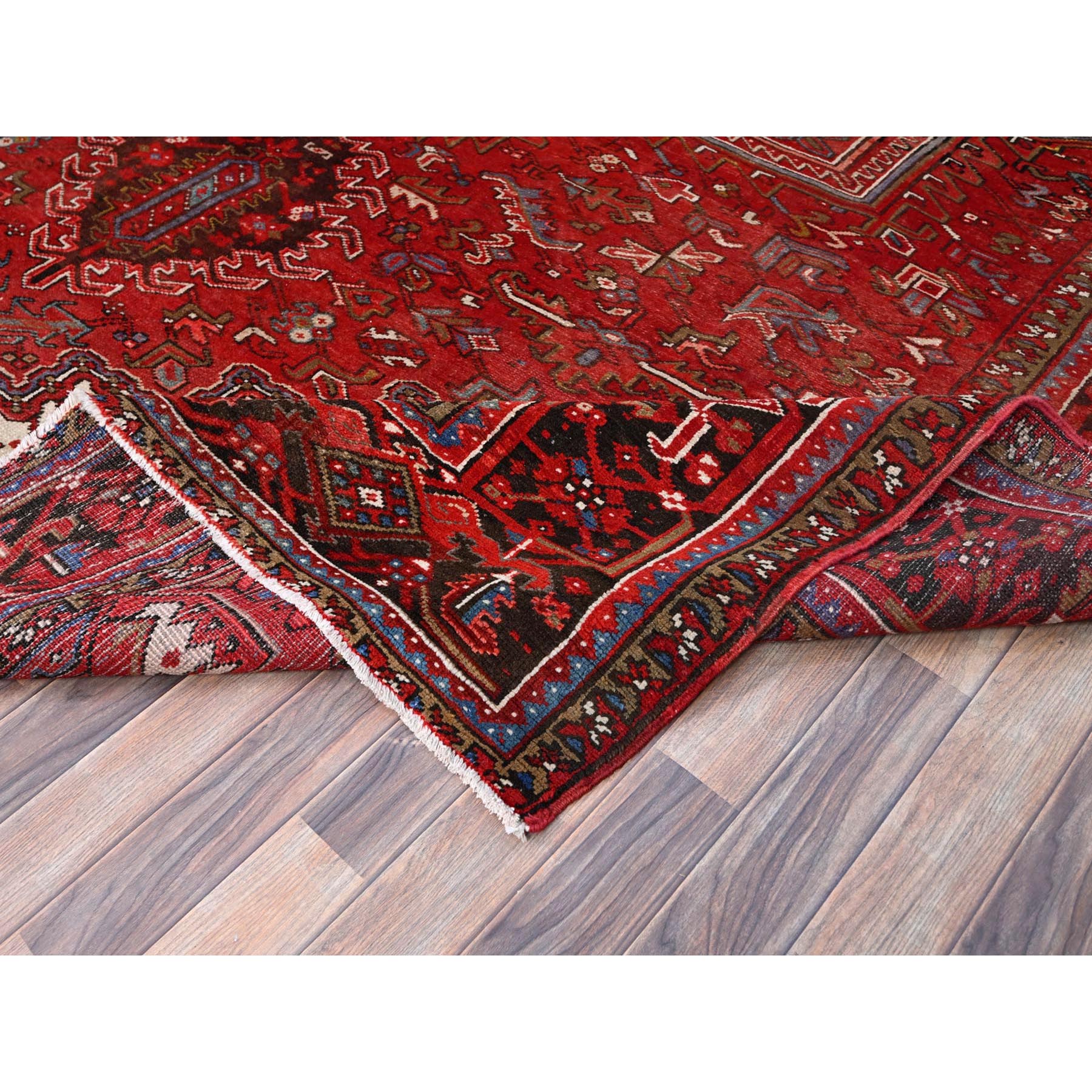 10'2"x13'8" Penn Red And Ivory Color Corners, Good Condition, Hand Knotted, Sides And Ends Secured Professionally, Semi Antique Persian Heriz, All Wool, Cropped Thin, Oriental Rug Sh181