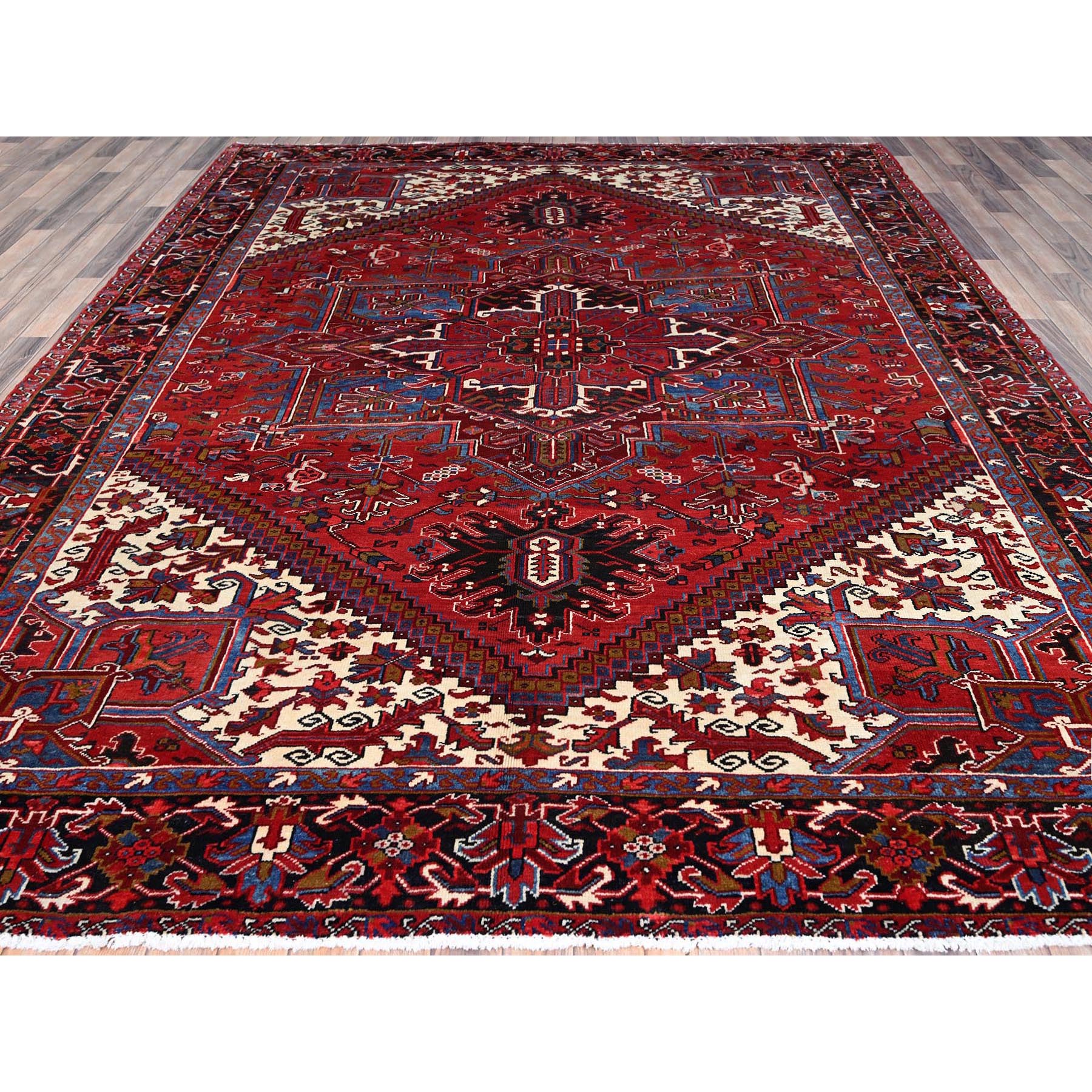 8'9"x10'10" Upsdell Red With Hand Knotted Soft And Vibrant Wool, Great Condition, Tribal Floor Art, Ends Secured Professionally, Semi Antique Persian Heriz, Nomad Art Oriental Rug Sh184