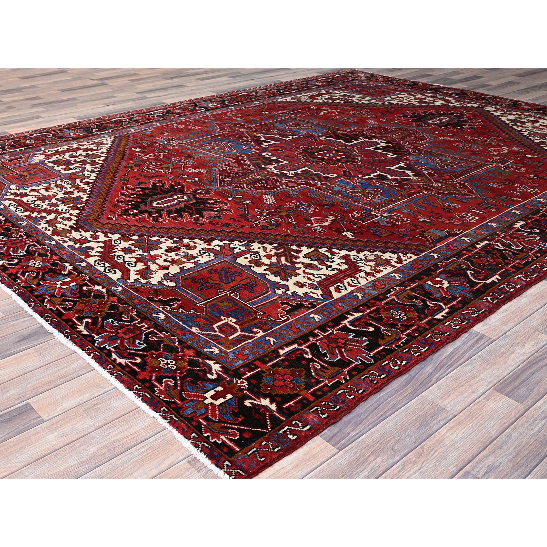 8'9"x10'10" Upsdell Red With Hand Knotted Soft And Vibrant Wool, Great Condition, Tribal Floor Art, Ends Secured Professionally, Semi Antique Persian Heriz, Nomad Art Oriental Rug Sh184