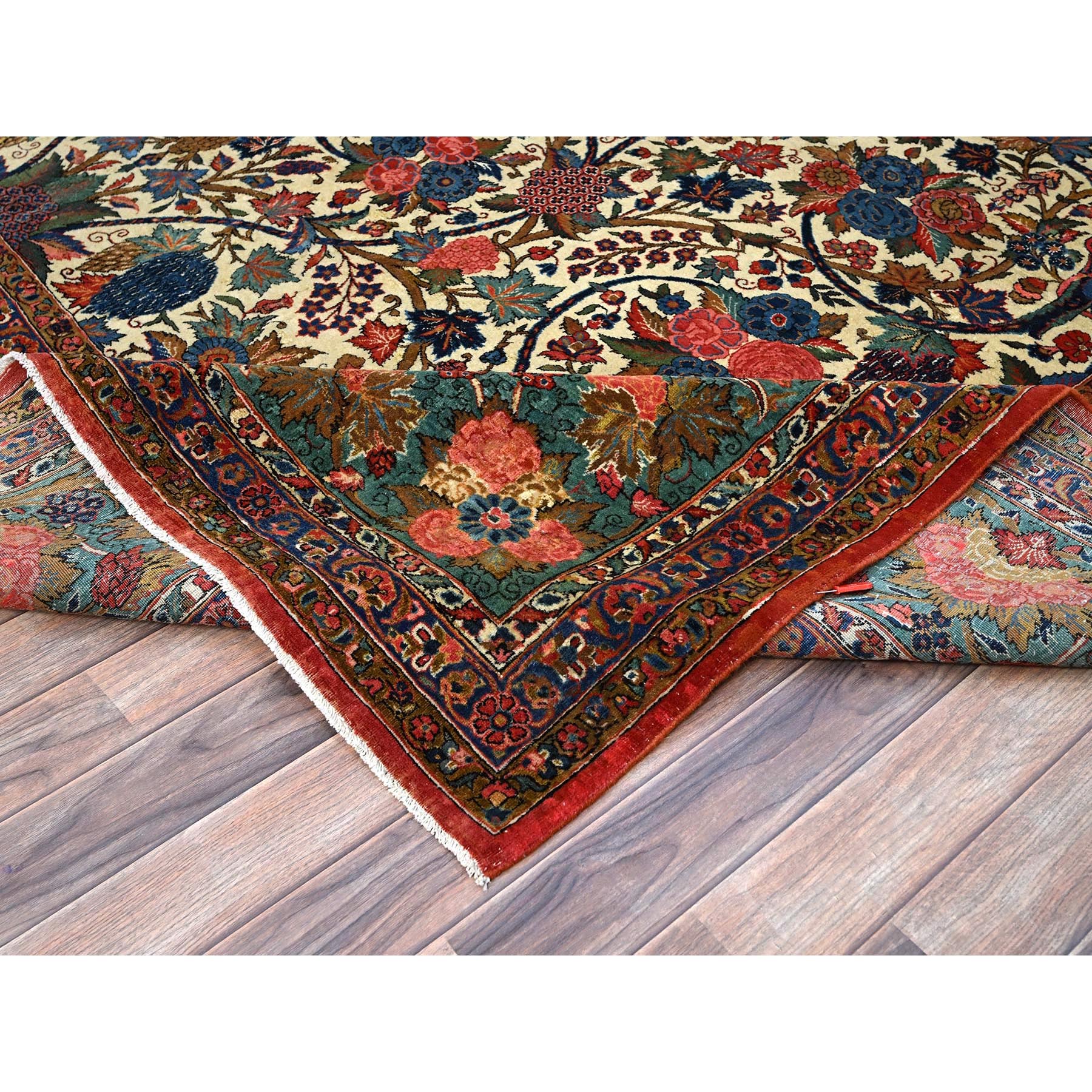 10'3"x13'5" Lemon Icing with Alice Blue, Antique Persian Kashan, Flower and Fruit Design, Kork Wool with 300 KPSI, Full Pile, Soft and in Excellent Condition, Sides and Ends Professionally  Secured, Oriental Rug Sh213