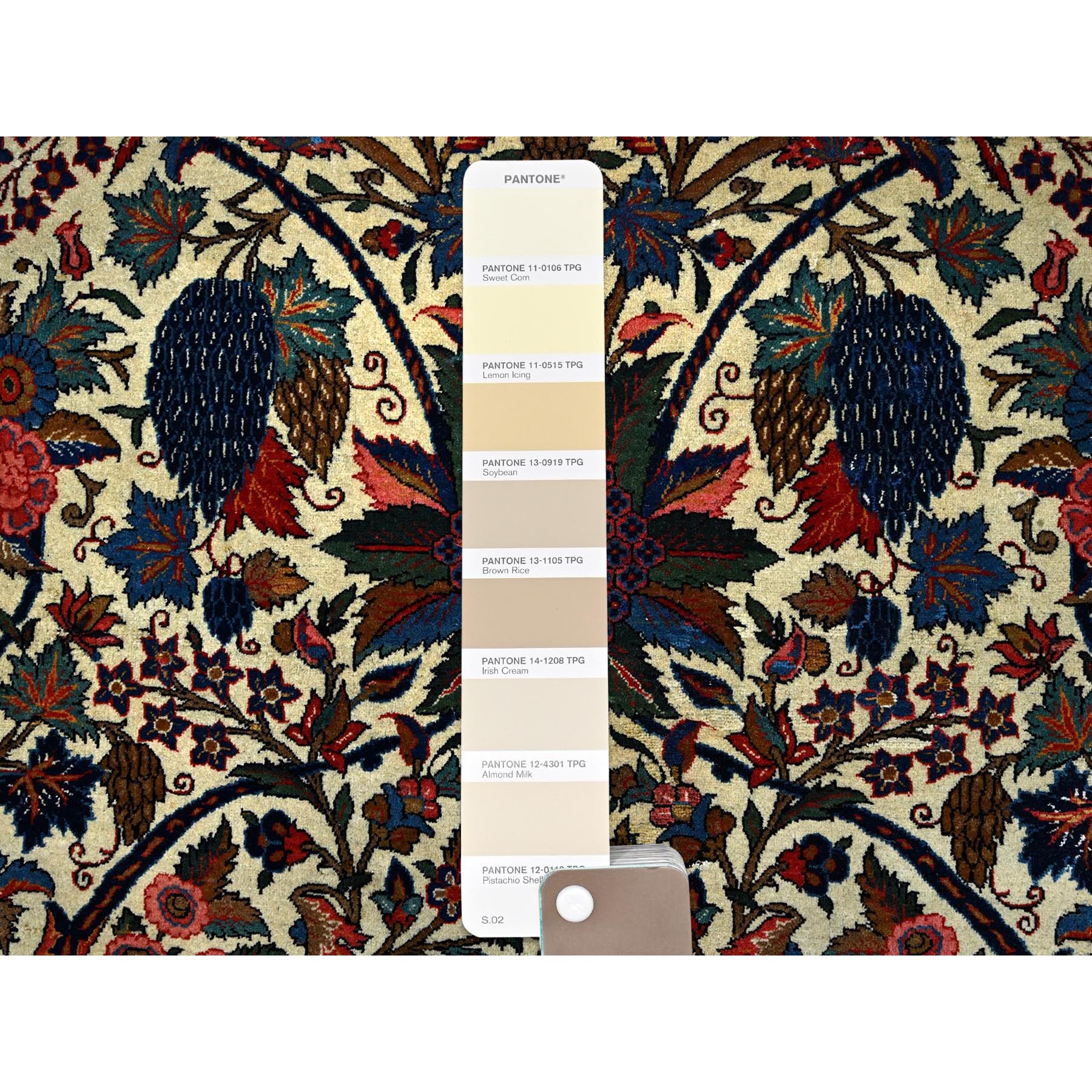 10'3"x13'5" Lemon Icing with Alice Blue, Antique Persian Kashan, Flower and Fruit Design, Kork Wool with 300 KPSI, Full Pile, Soft and in Excellent Condition, Sides and Ends Professionally  Secured, Oriental Rug Sh213