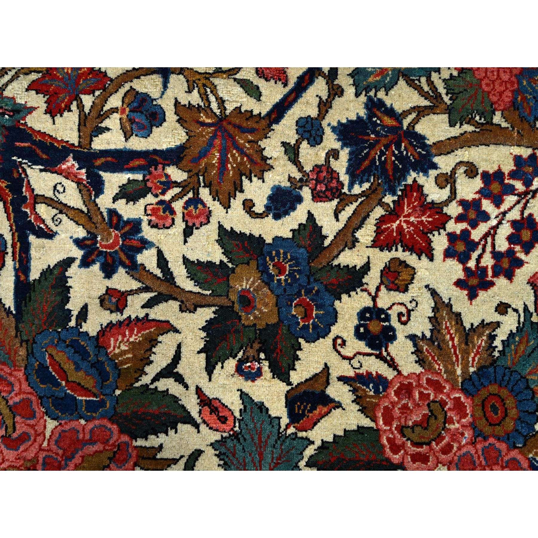 10'3"x13'5" Lemon Icing with Alice Blue, Antique Persian Kashan, Flower and Fruit Design, Kork Wool with 300 KPSI, Full Pile, Soft and in Excellent Condition, Sides and Ends Professionally  Secured, Oriental Rug Sh213