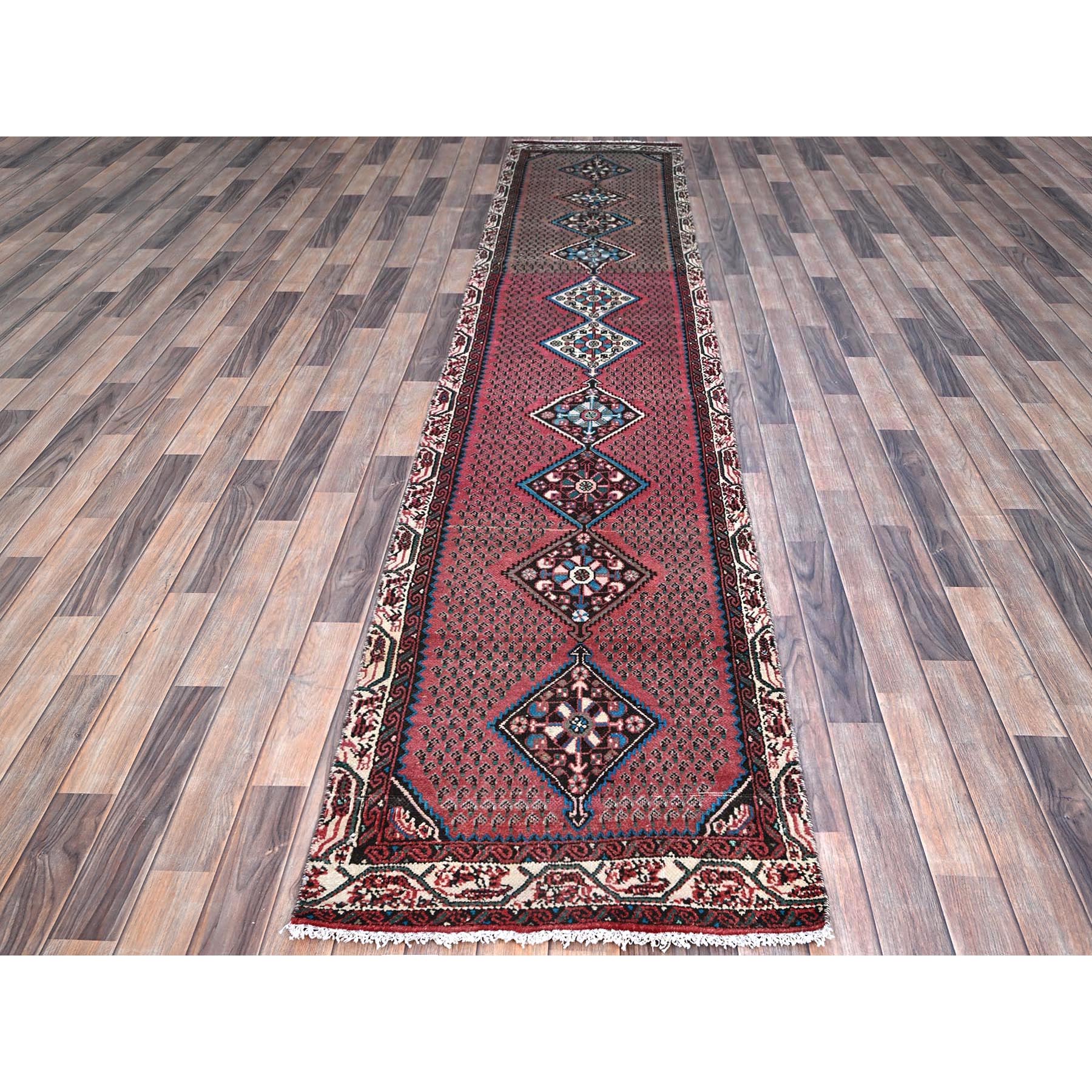 2'6"x12'9" Pompeian Red, Distressed Look With No Holes, Distinct Abrash, Vintage Persian Hamadan and Geometric Elements, Hand Knotted, Soft Wool, Sides And Ends Secured, Runner Oriental Rug Sh216